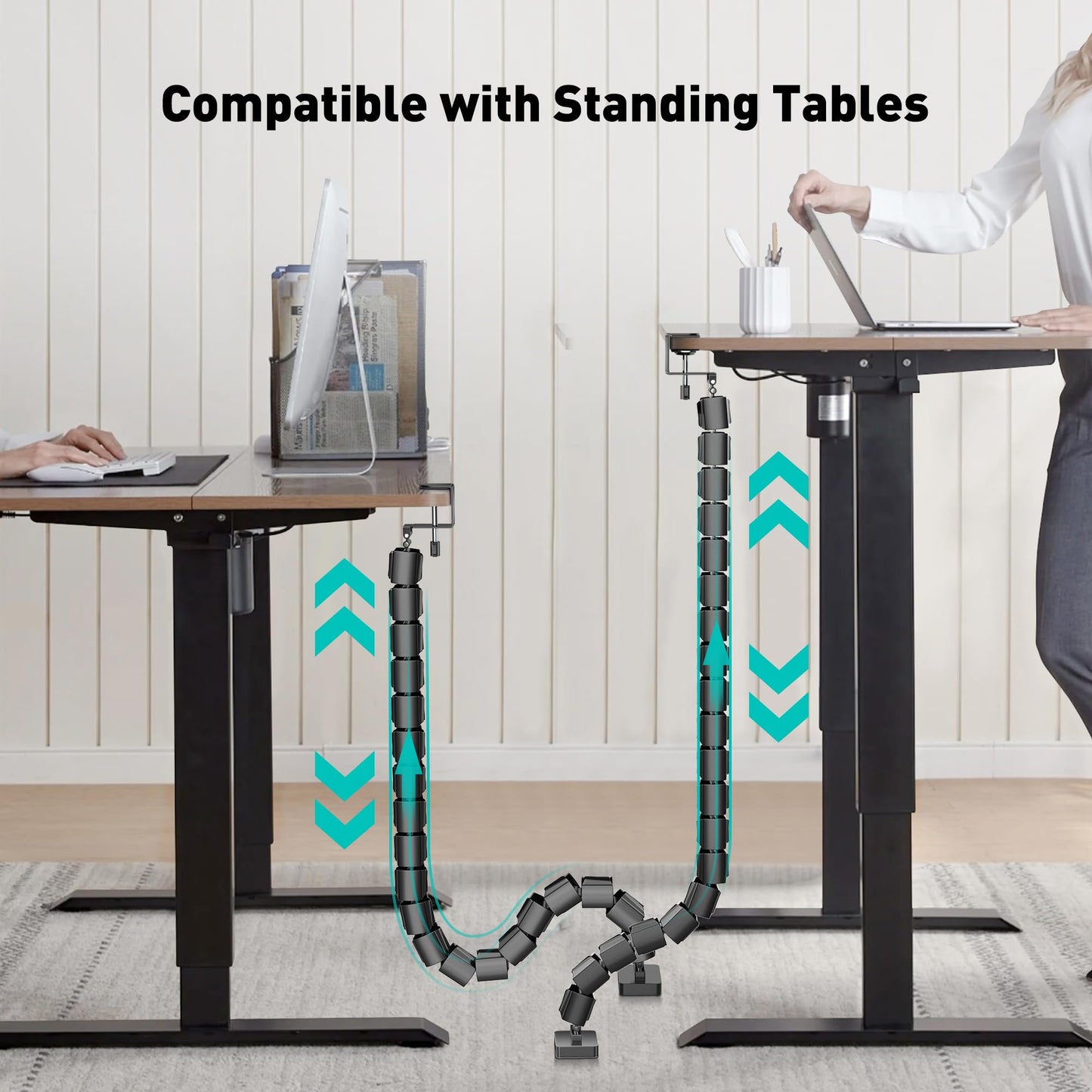 DeskLogics Clamp-On Cable Management Spine, No-Drill Vertebrae Wire Hider for Glass & Wood Standing Desks, Tool-Free Adjustable Desk-to-Floor Cord