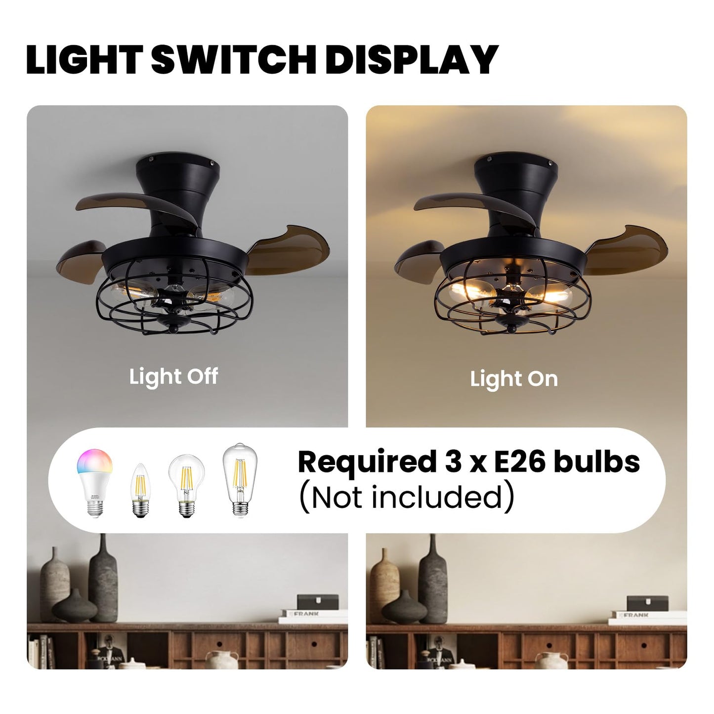 CROSSIO 22" Retractable Ceiling Fans with Lights, Black Caged Fandelier Ceiling Fans with Remote, 6 Wind Speeds,Invisible Blades, Industrial Flush