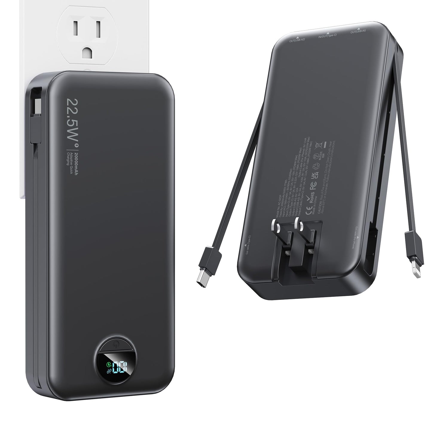 Nusyddy Portable Charger, 20000mAh PD20W Fast Charging Power Bank with Built-in Cables & Wall Plug, Travel Essentials External Battery Pack, USB C