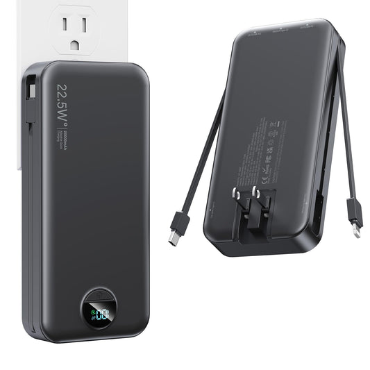 Nusyddy Portable Charger, 20000mAh PD20W Fast Charging Power Bank with Built-in Cables & Wall Plug, Travel Essentials External Battery Pack, USB C