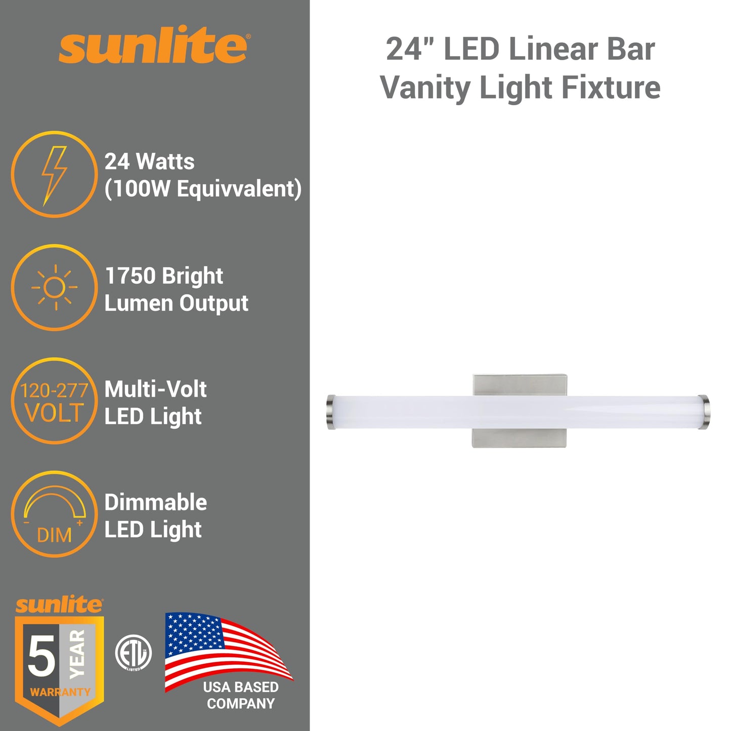 Sunlite 24-Inch LED Linear Bar Vanity Light Fixture, 25W (80W Equiv.), 1750 Lumens, Color Selectable 30K/40K/50K, 100-277V, Dimmable, 50,000 Hour