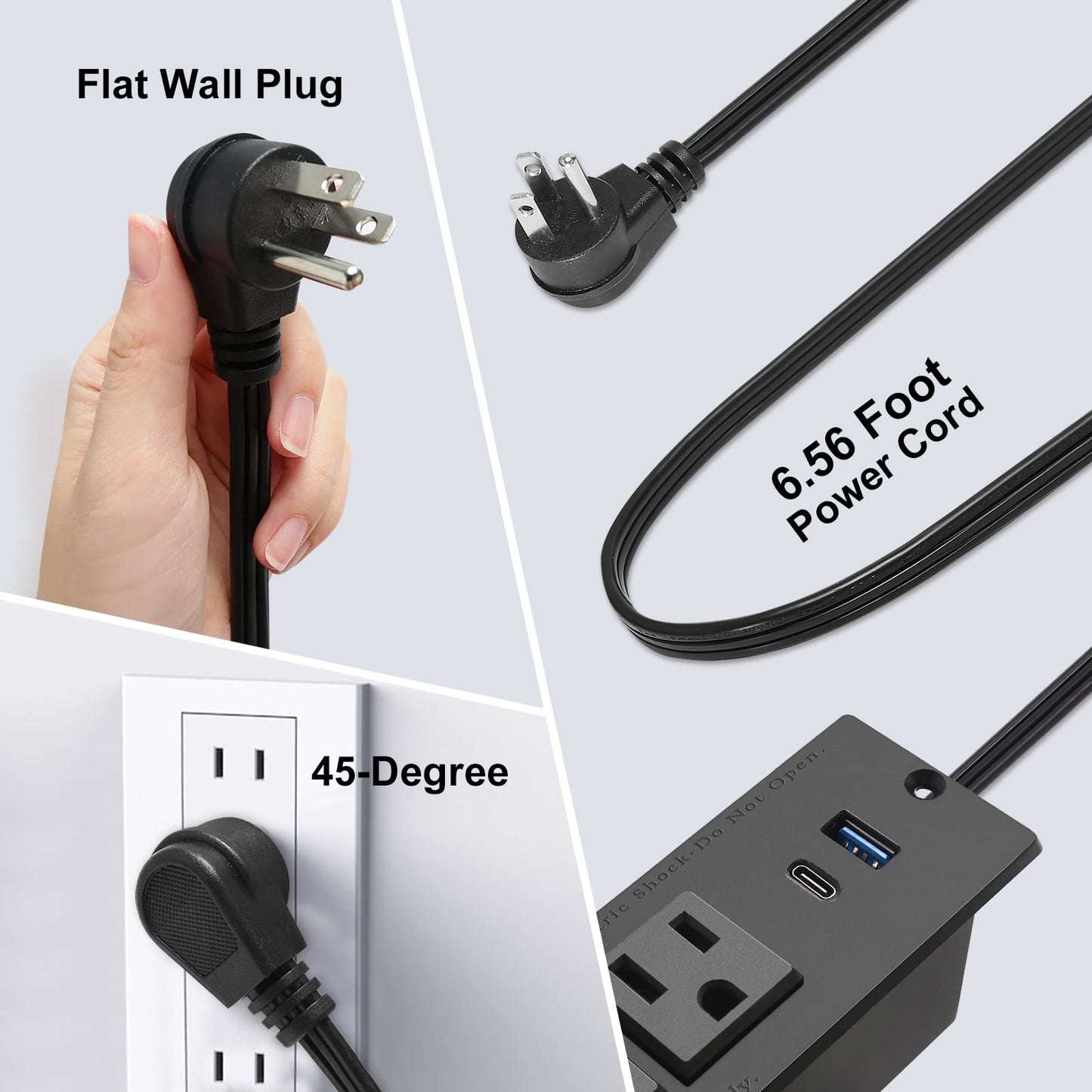 USB C Recessed Power Strip Fast Charge Desktop Power Station 2 Outlets 2 USB (PD20W & QC18W, Total 20W) Mountable Flat Plug Extension Cord Mount
