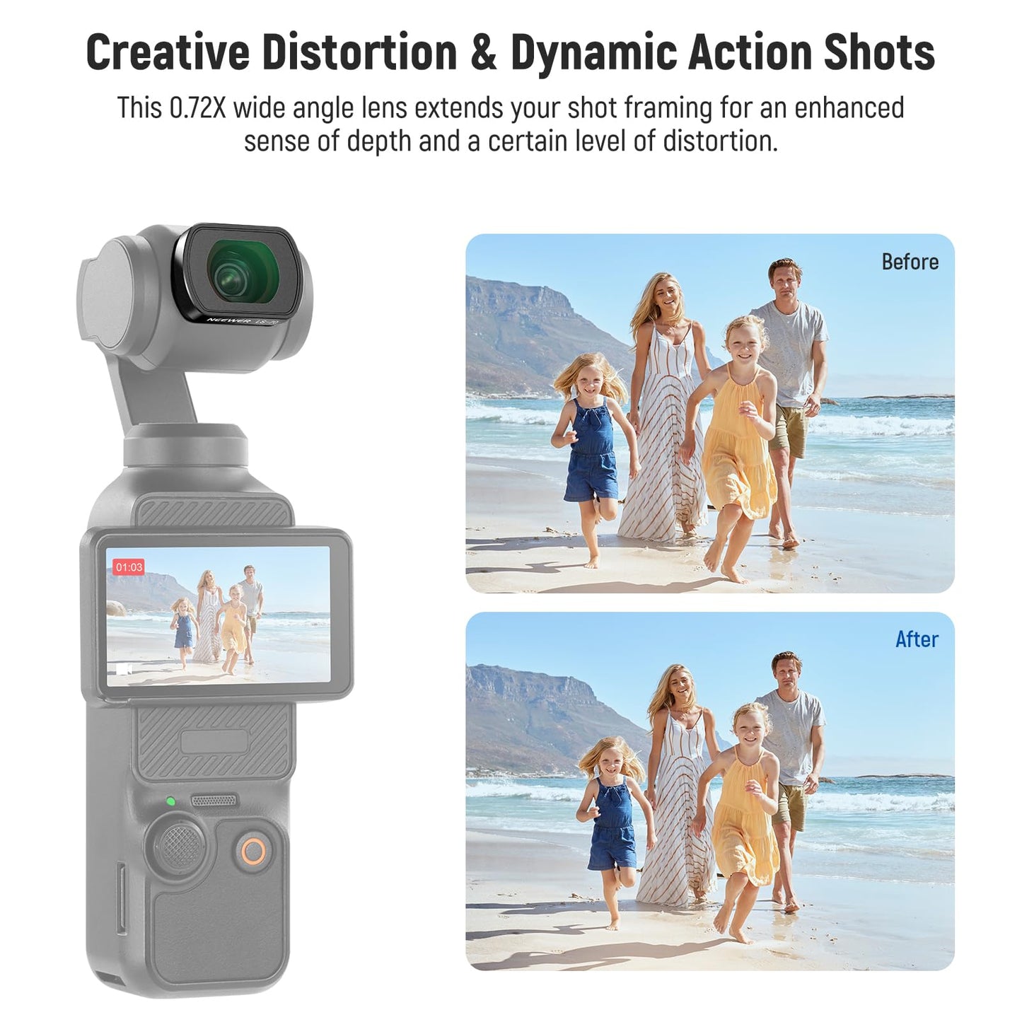 NEEWER 0.72X FOV 112° Wide Angle Lens Compatible with DJI Osmo Pocket 3 Creator Combo Accessories, Multi-Layer Magnetic Action Cam Aspheric Lens