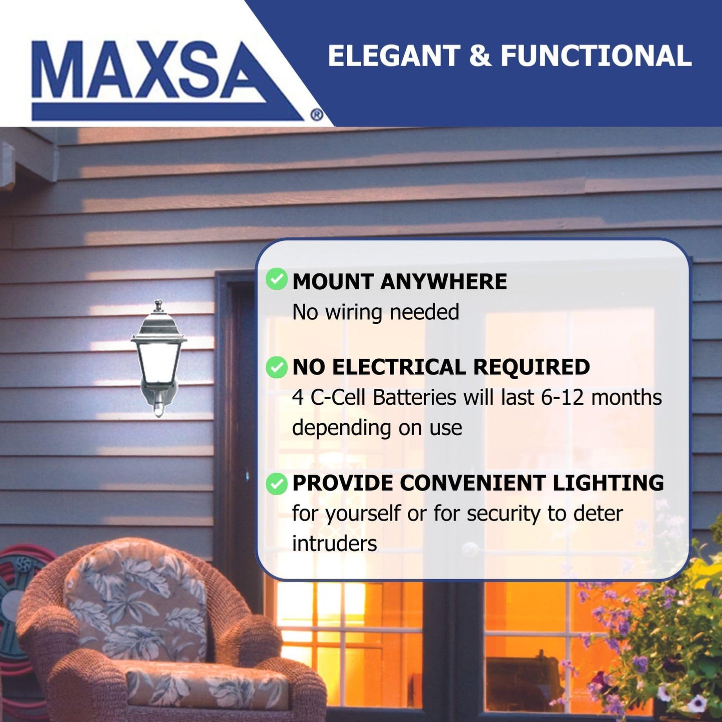 Maxsa 43319 Premium Battery-Powered Motion-Activated Decorative Outdoor Warm White LED Wall Sconce Lighting Fixture, Metal Housing, Black