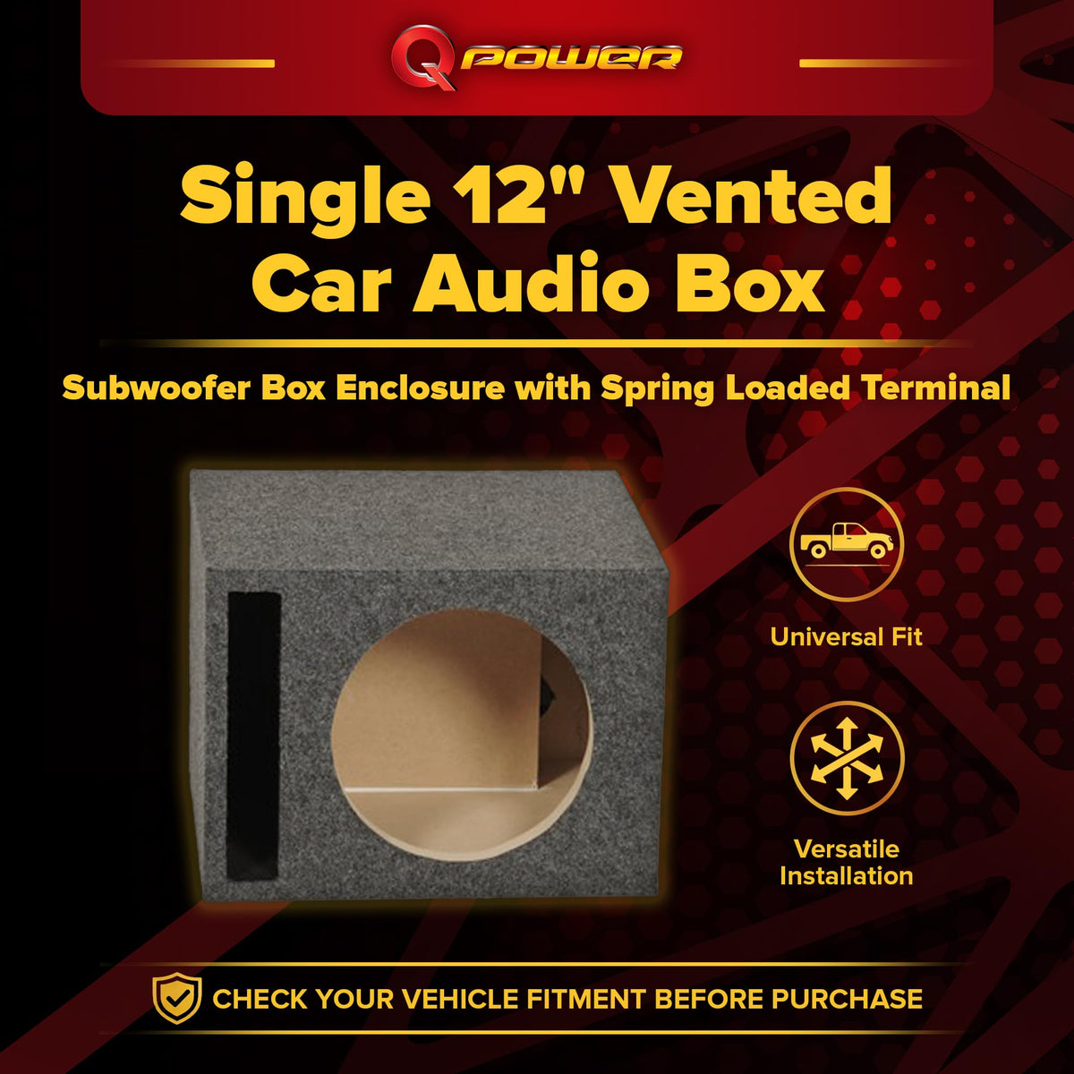 Q Power Single 12-Inch Vented Heavy Duty Subwoofer Enclosure with 1-Inch Thick MDF Face and Gold Tipped Spring Loaded Terminal Charcoal Grey
