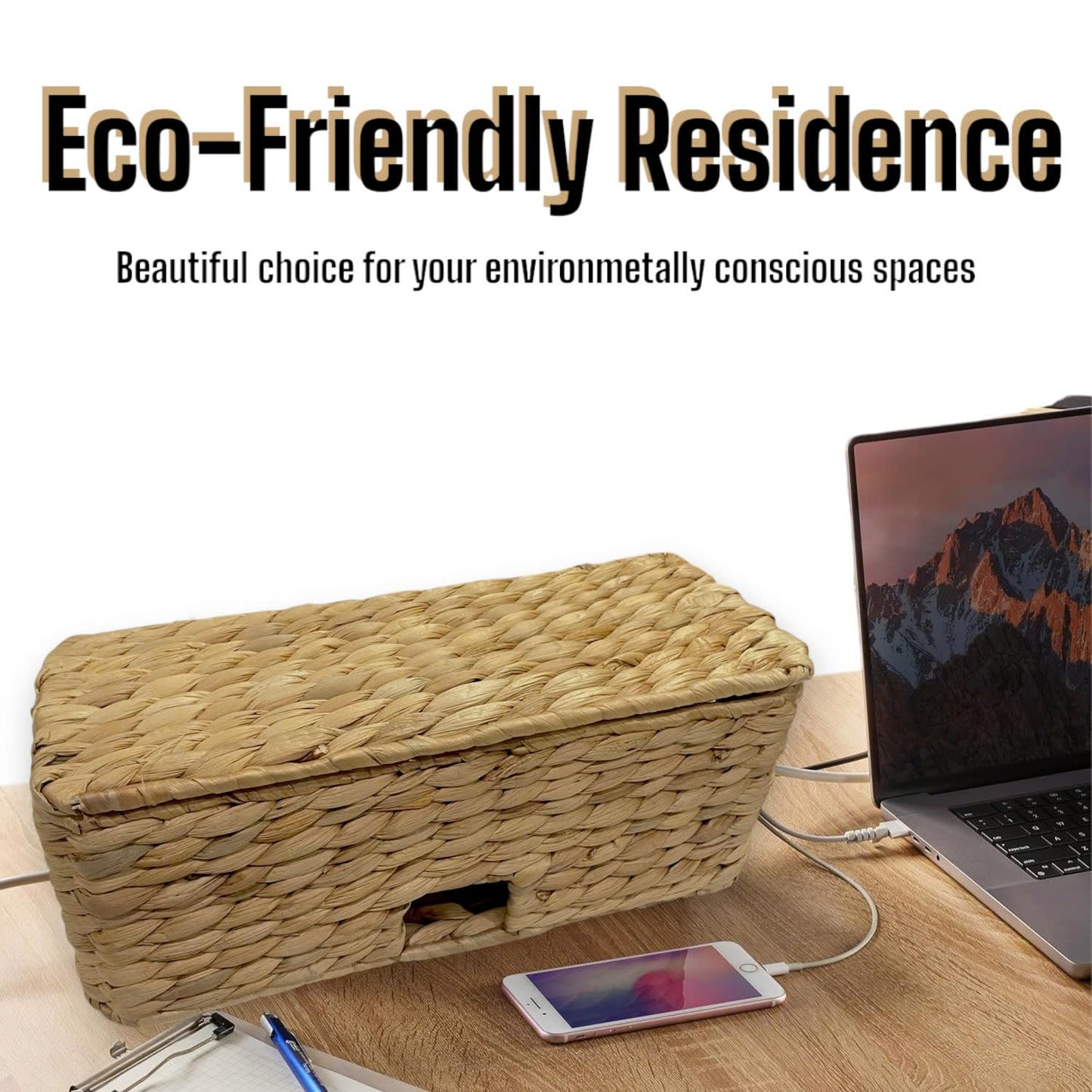 Cable Management Box, Water Hyacinth Organizer Box, Durable Rattan Cable Organizer, with 2 Open Slots for Home Office Desk Computer TV Wires USB Hub