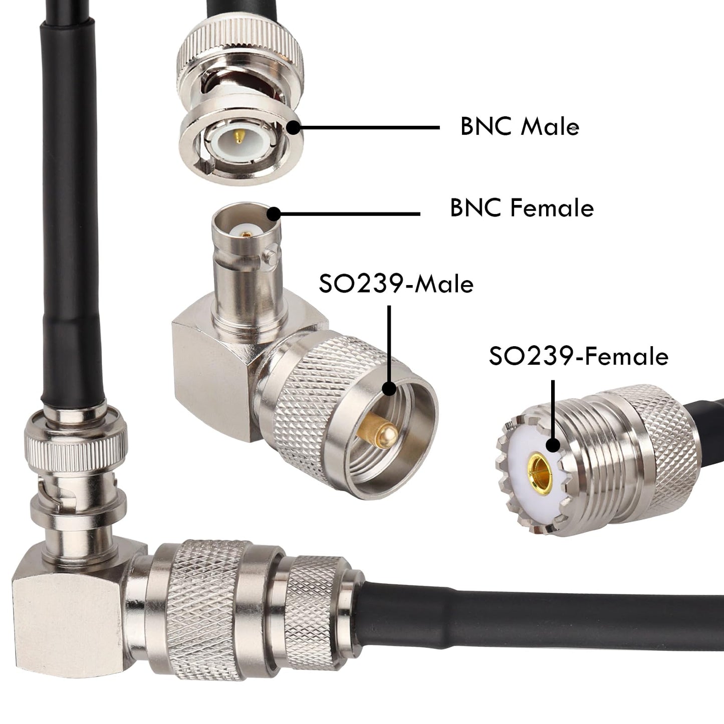 XRDS -RF BNC Female to UHF Male Connectors 2PCS, Right Angle 90 Degree PL259 UHF Male Plug to BNC Female Connector