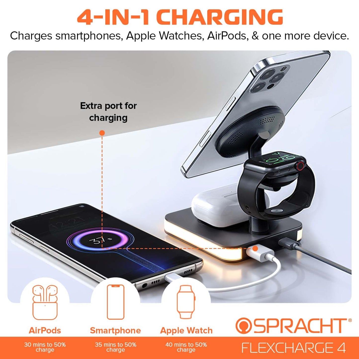 Spracht Flex Charge 4, 4-in-1 Wireless Charging Stand | 25W Fast Charger, Magnetic Connection -Works for Smartphone, Watch, Ear Buds, Qi-Enabled