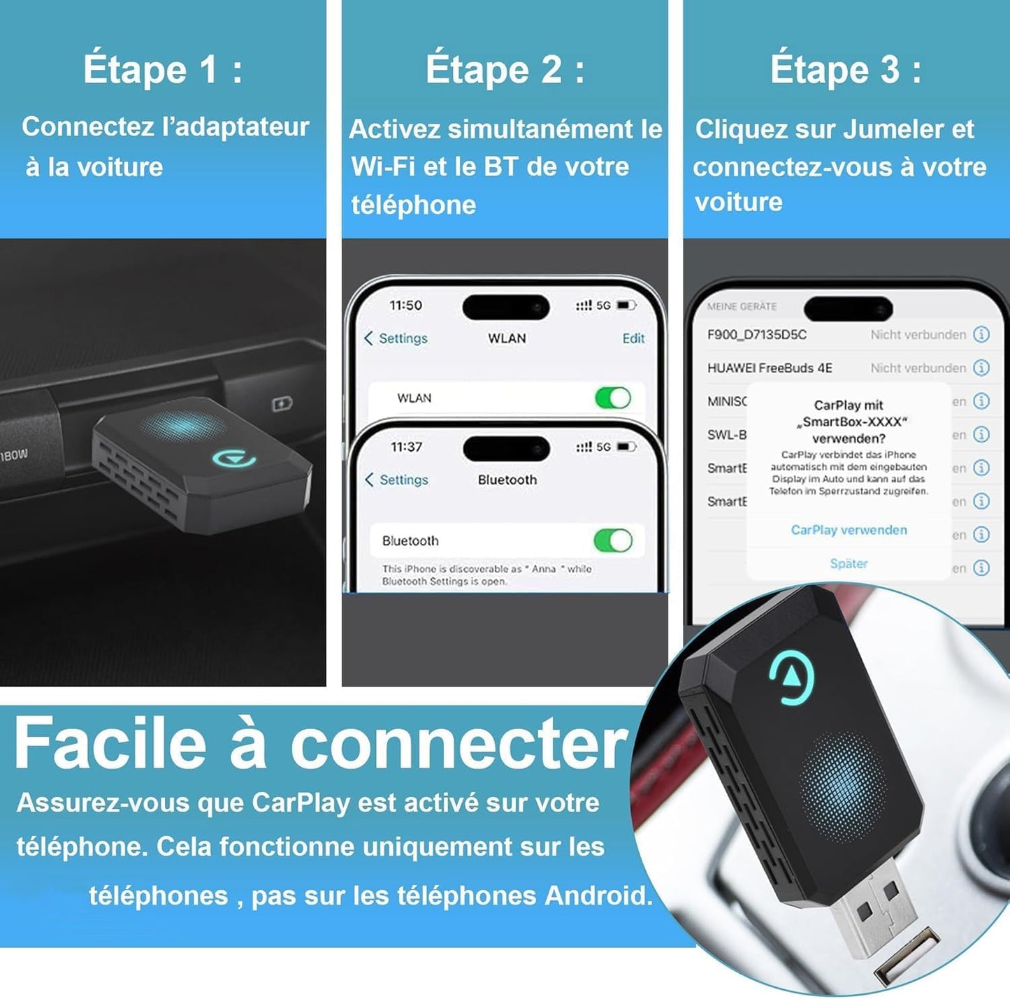 CAENEEDER Wireless Carplay Adapter, Convert Wired to Wireless CarPlay, Compatible with CarPlay, Plug and Play, Type-C/USB, Suitable for 800+ Vehicles