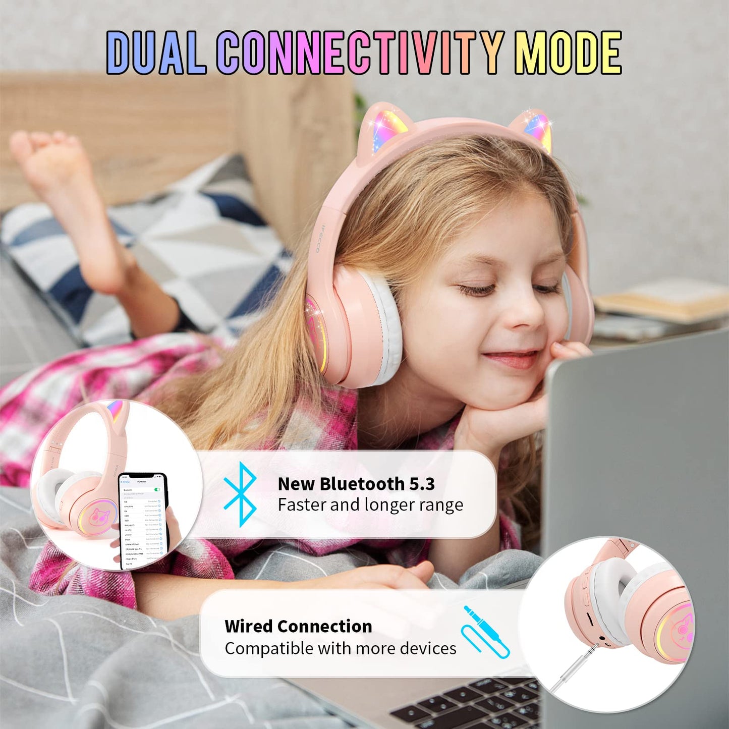 IFECCO Wireless Kids Headphones with Microphone,Foldable Cute Light Up Cat Ear Children Girls Bluetooth Headphones with Case for School Gifts Travel