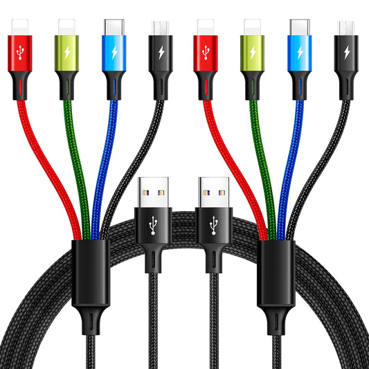 Multi Charging Cable 3.5A Multiple Charger Cable Braided 4 in 1 Multi USB Cable Fast Charging Cord with IP/Type C/Micro Ports for Cell Phones/iPhone