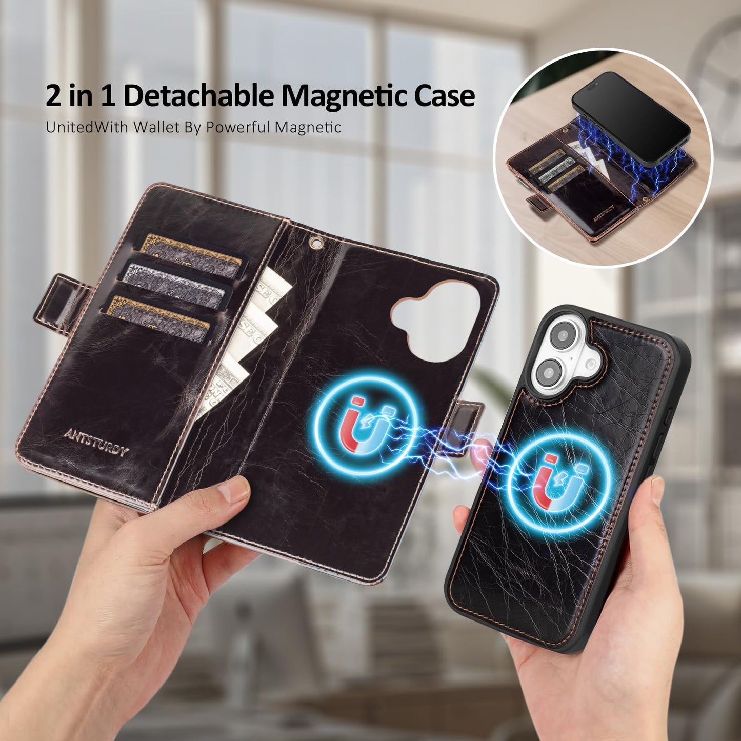 Antsturdy Compatible with Magsafe Magnetic 2 in 1 Detachable iPhone 16 Wallet Case with Credit Card Holder Slots,PU Leather Flip RFID Blocking Phone