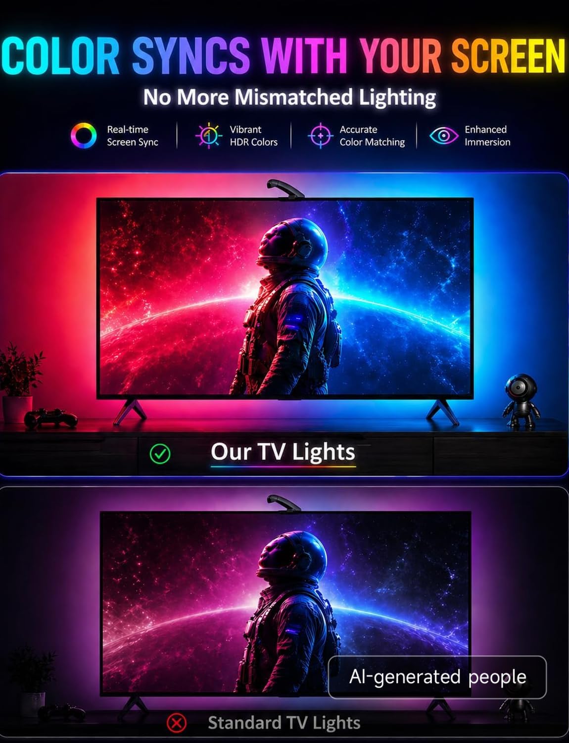 QTU TV LED Backlight with Sensor, LED Sync Lights for TV 55-65 Inch, Smart Camera Sync to Screen, Ambient RGB Strip Lights for Gaming & Home Theater