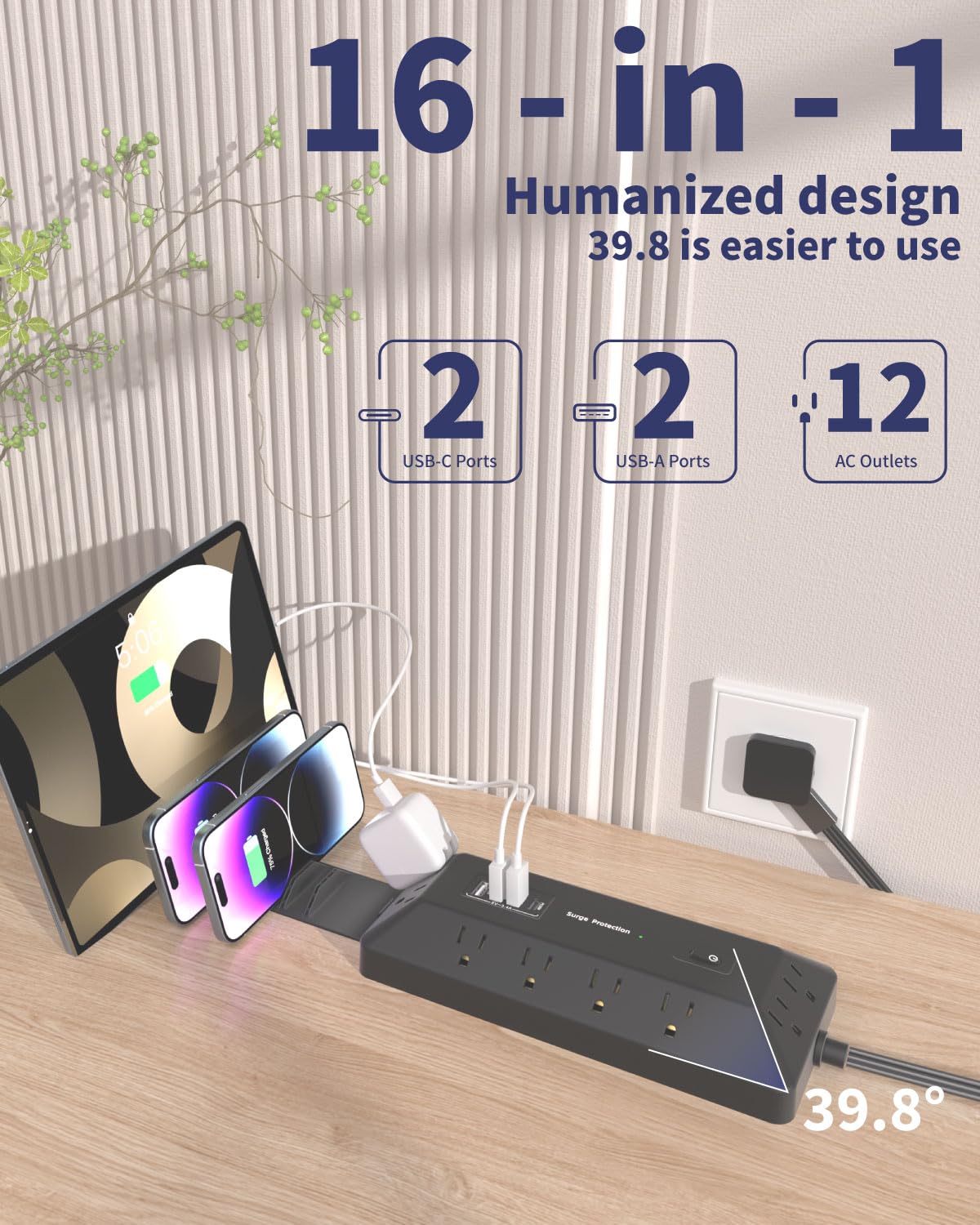 VIPWELL 16 in 1 Surge Protector Power Strip with 4 USB (2 USB C) and 12 AC Outlets Extender, 6 Ft Flat Plug Extension Cord, Cable Management Outlets