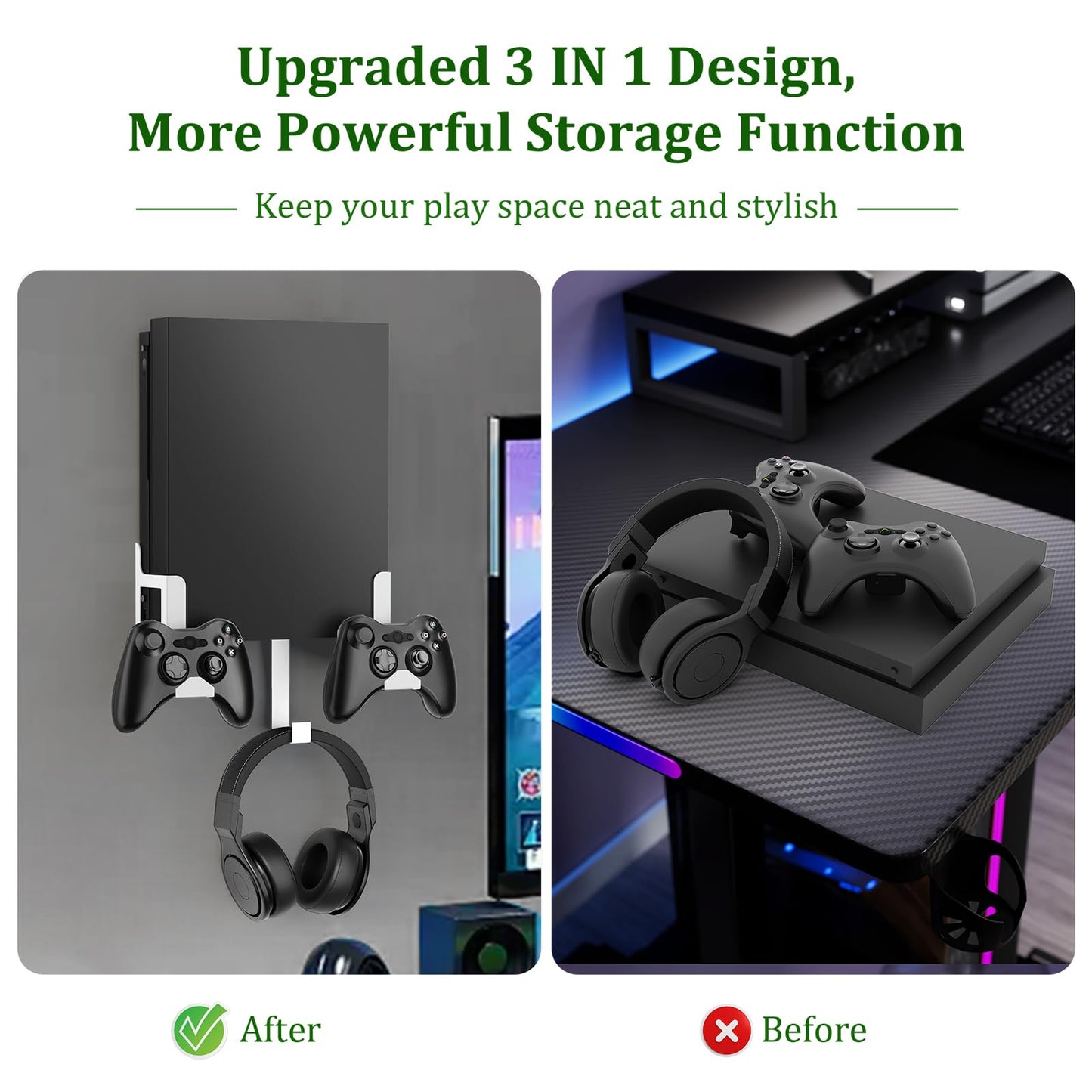Wall Mount Kit with Detachable 2 Controller Holder & Headphone Hanger, Metal Wall Mount Holder Compatible with Xbox One X, White