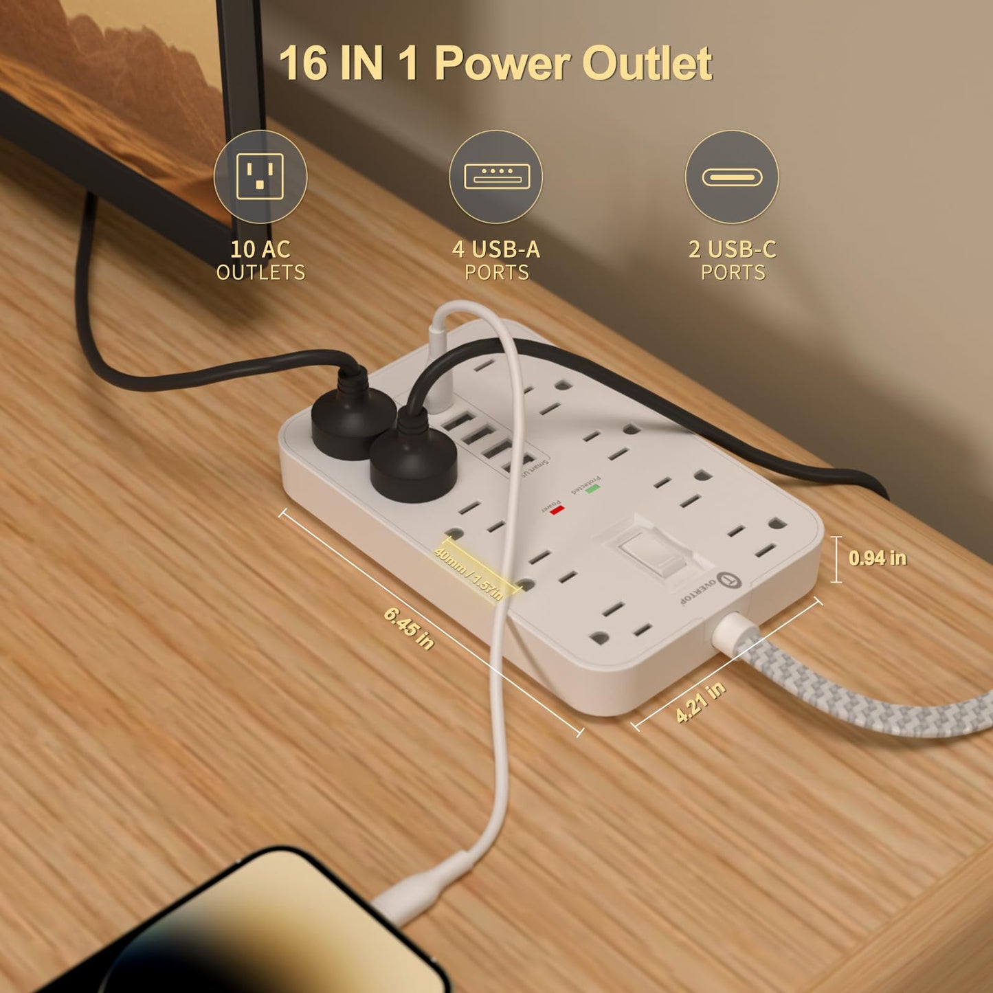 Power Strip Surge Protector, OVERTOP 5 Ft Braided Extension Cord Flat Plug, 10 Widely Spaced Outlets with 6 USB Ports (2 USB C), Wall Mount Desk