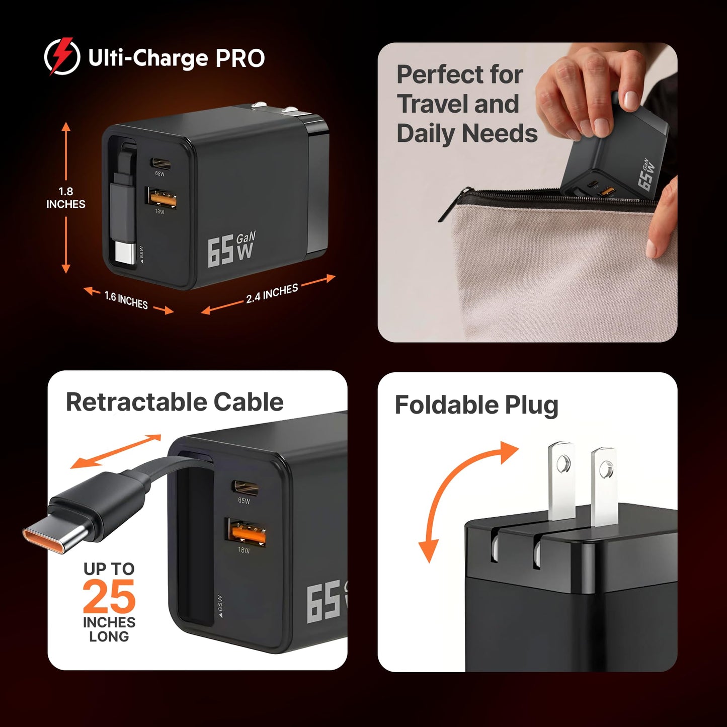 Ulti Charge Pro 65W USB C Charger with 25 Inch Retractable USB C Cable, Dual C/A Ports, Foldable Plug Travel Adapter for iPhone Galaxy Pixel iPad