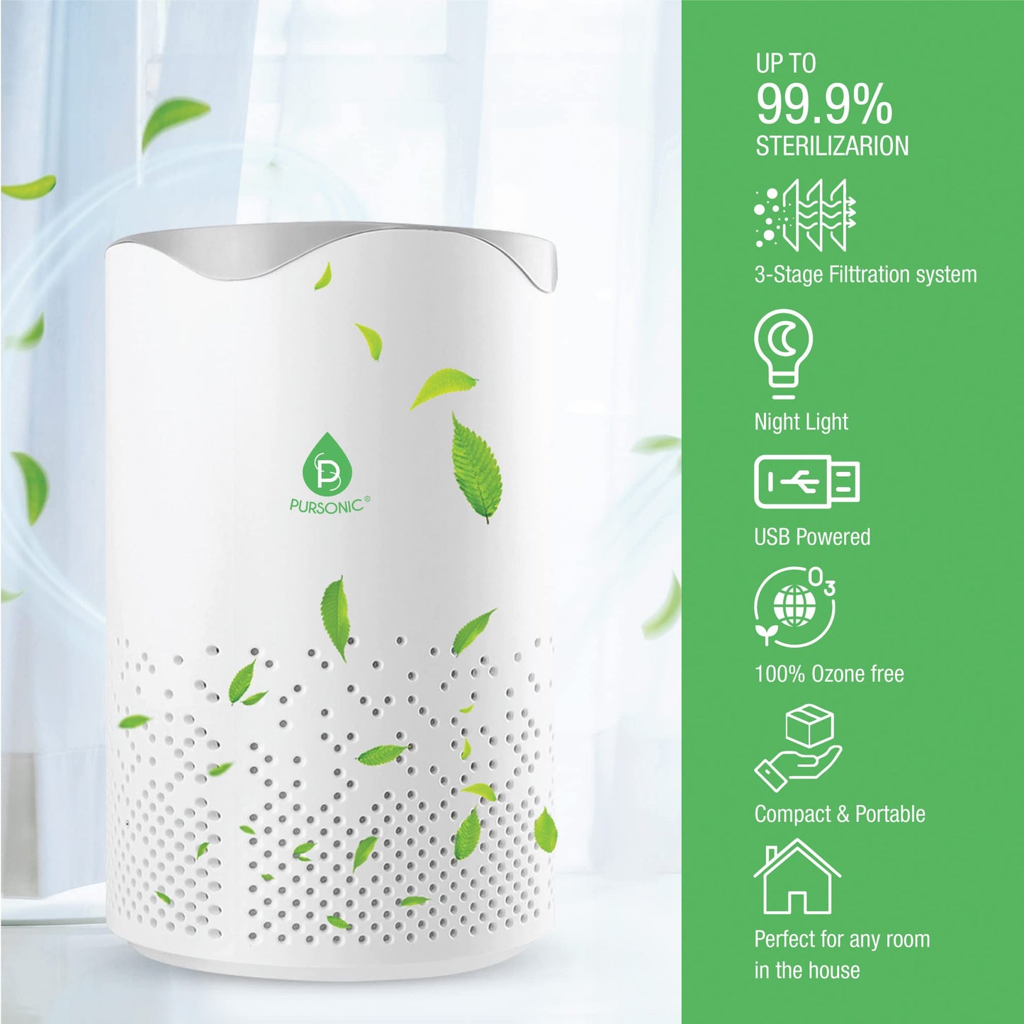 Pursonic USB Powered Air Purifier With Night Light For Home,Office, Car, 100SQ Coverage, Clean Air Wherever You Need, Cleans Second Hand Smoke, Haze