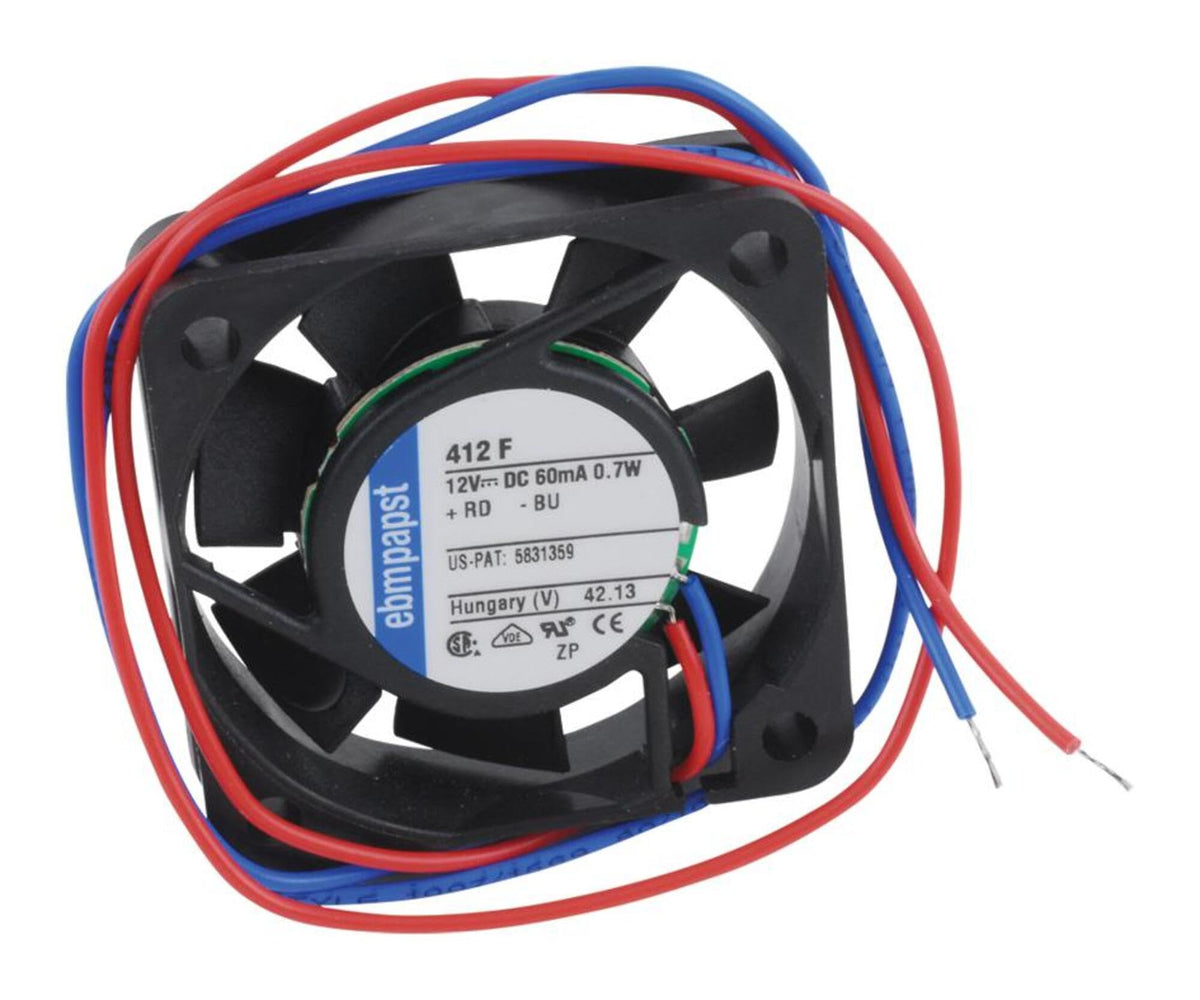 EBM-PAPST 412F DC Fans 40x10mm 12DC 4.7CFM 0.7W 5400RPM 22dBA SB, 2 Wire Leads, Fiberglass Reinforced PBT