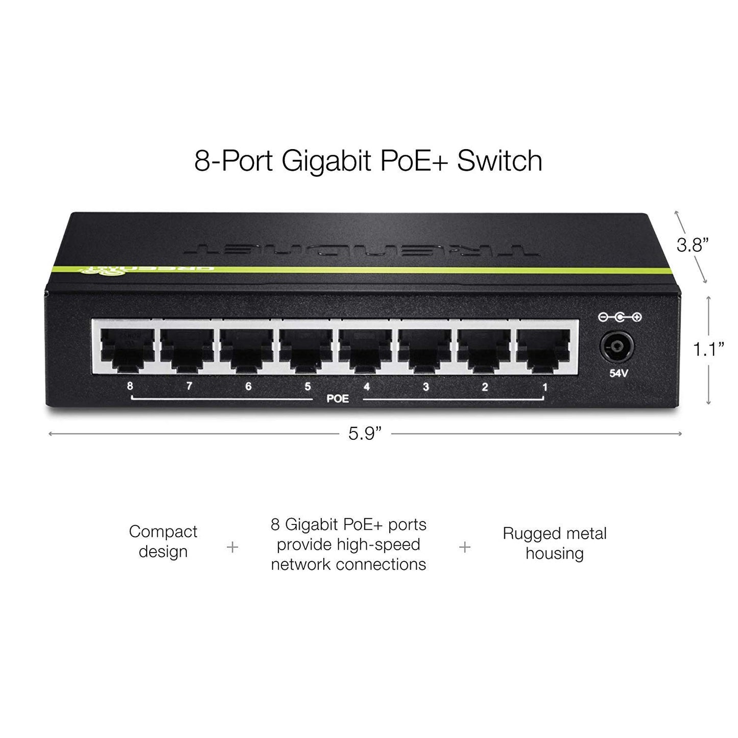 TRENDnet 8-Port Gigabit PoE+ Switch, TPE-TG80G, 8 x Gigabit PoE+ Ports, 123W PoE Power Budget, 16 Gbps, Ethernet Splitter, NDAA & TAA Compliant