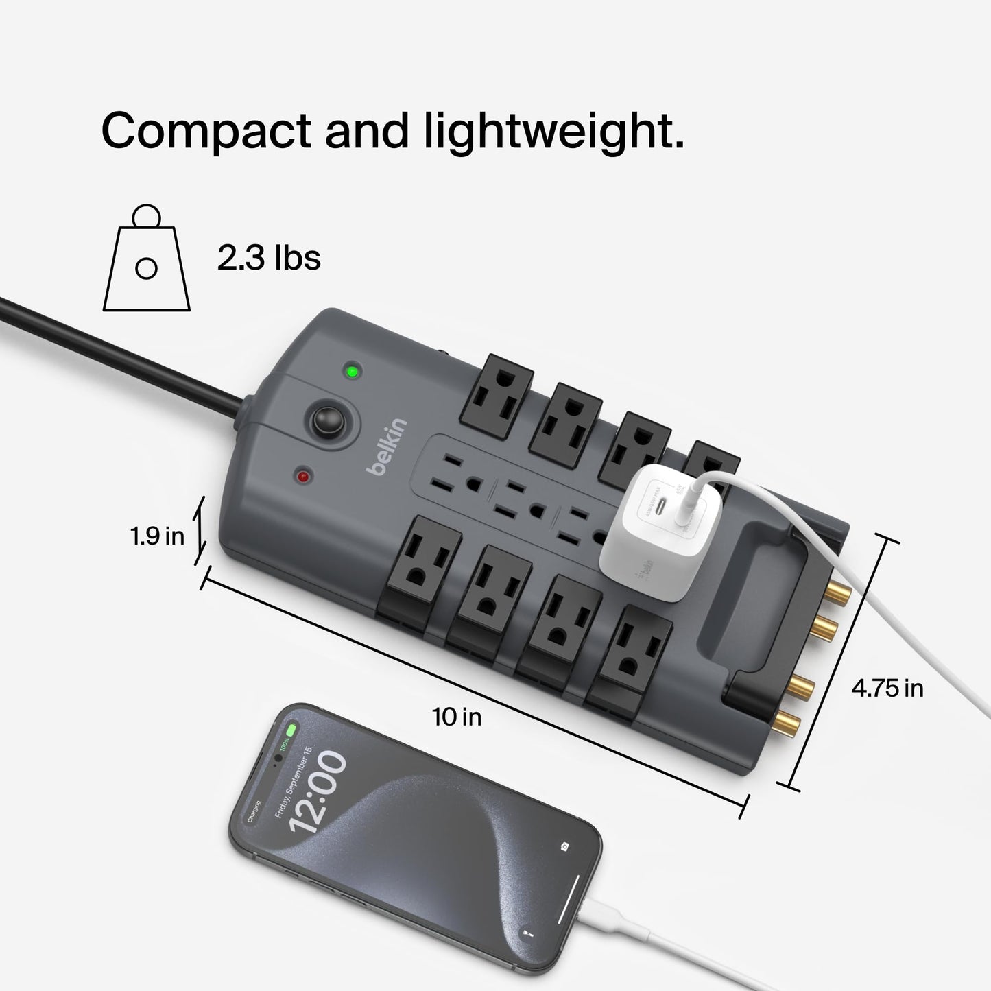 Belkin Surge Protector Power Strip w/ 8 Rotating & 4 Standard Outlets - 8ft Sturdy Extension Cord w/ Flat Pivot Plug for Home, Office, Travel, Desktop