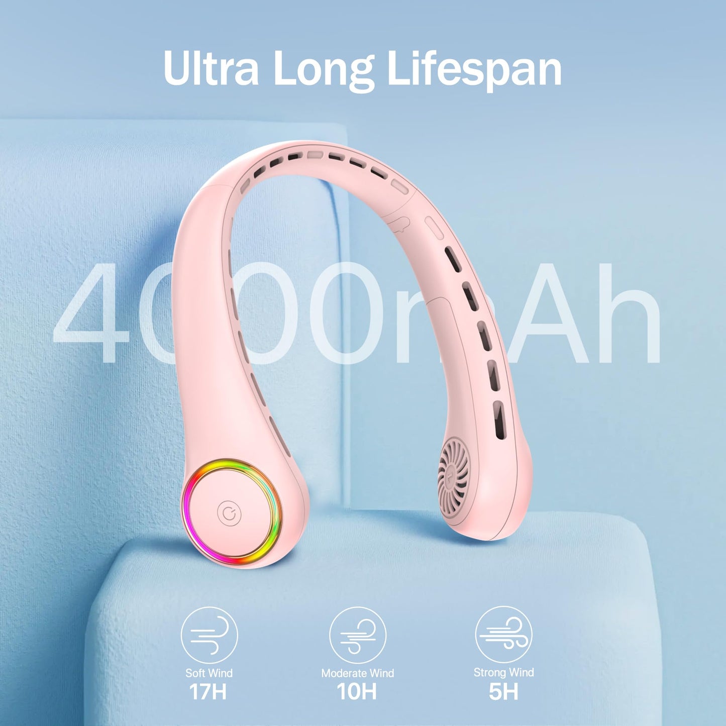 ITSHINY Neck Fan, Portable Fan Neck, Quiet Mini USB Fan, Small Camping 4000 mAh Fan Neck with 3 Speeds, LED Light for Women, Men, Home, Office