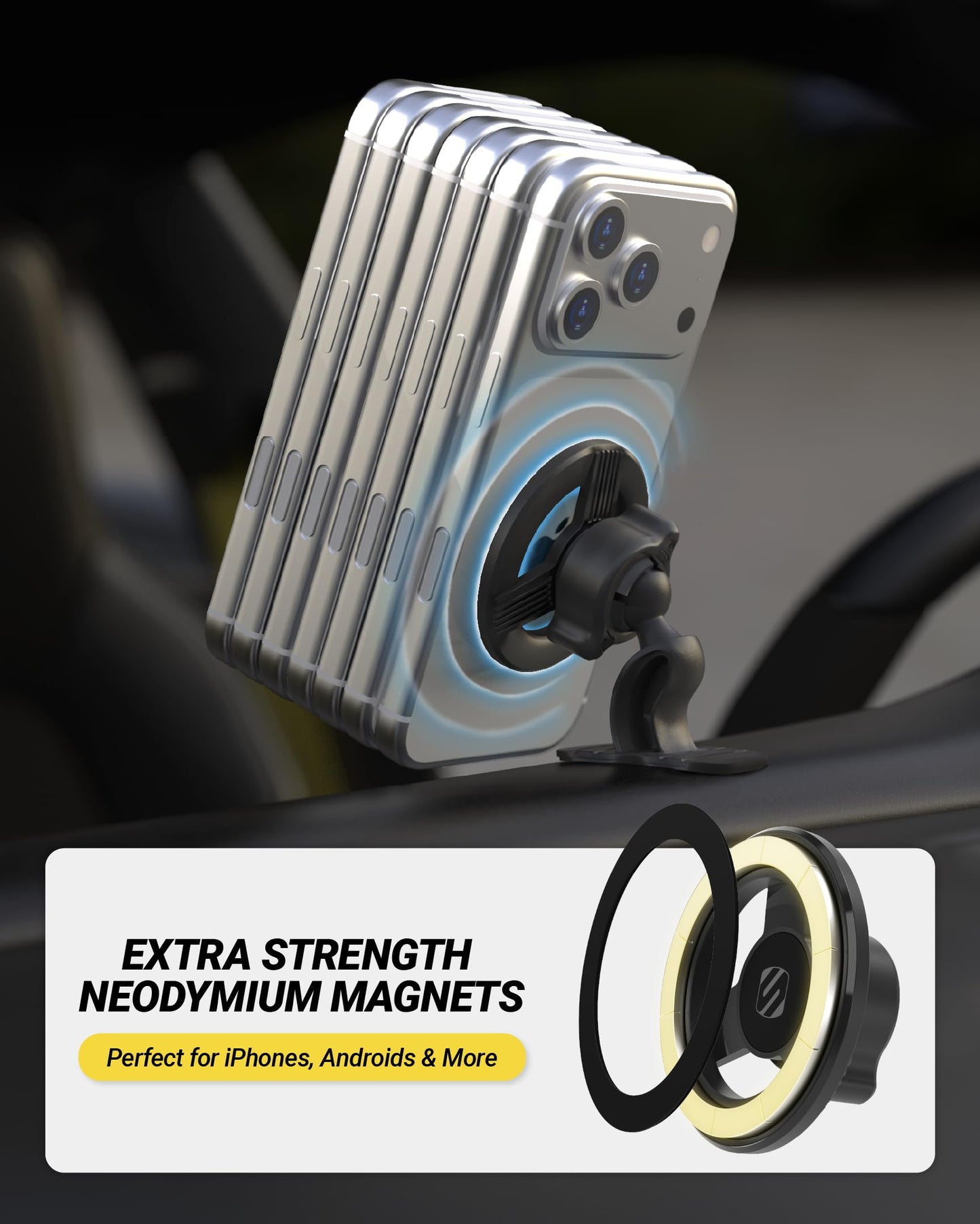 Scosche MagSafe Car Mount, Magnetic Phone Holders for Your Car Dashboard, Strong Magnetic Hold, 360° Rotatable Car Phone Holder Mount for iPhone 17 16