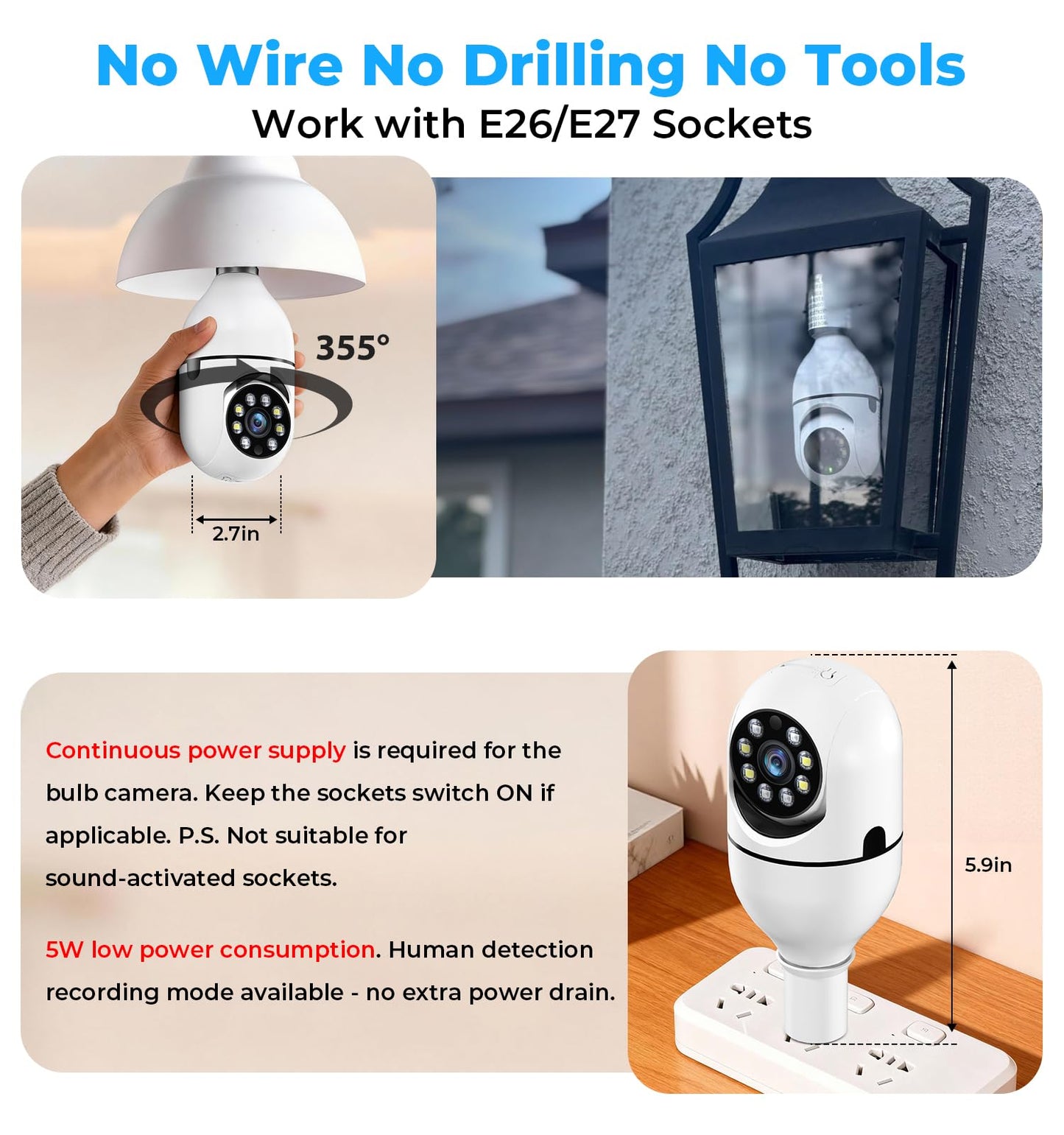 2K Light Bulb Camera Outdoor, 5G&2.4GHz Cameras for Home Security, 360° PTZ Wireless Lightbulb Socket Security Cam with Color Night Vision, 2 Way
