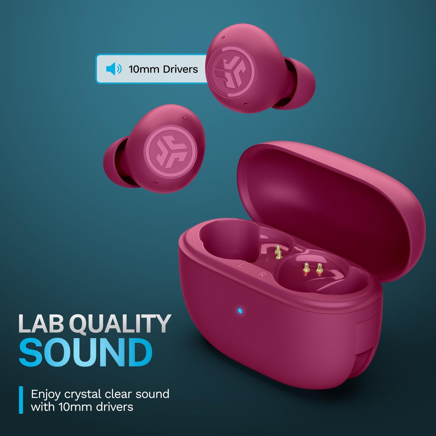 JLab Go Pop ANC True Wireless Earbuds & Charging Case, Fuchsia, Active Noise Cancelling, 10mm Drivers, Dual Connect, Customize Your Sound with App, Be