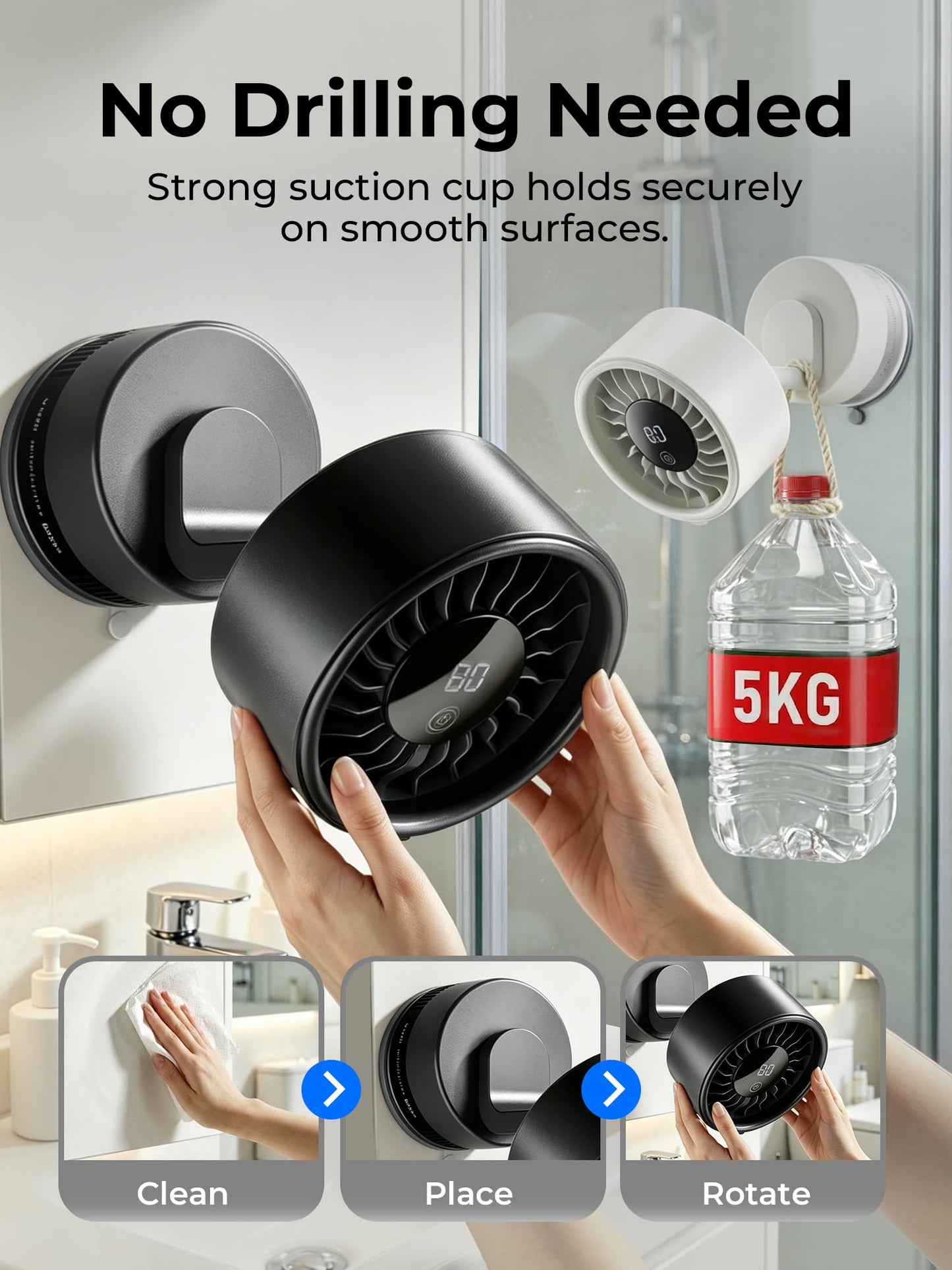 Rechargeable Suction Cup Bathroom Fan, 6 Speeds for Makeup and Skincare