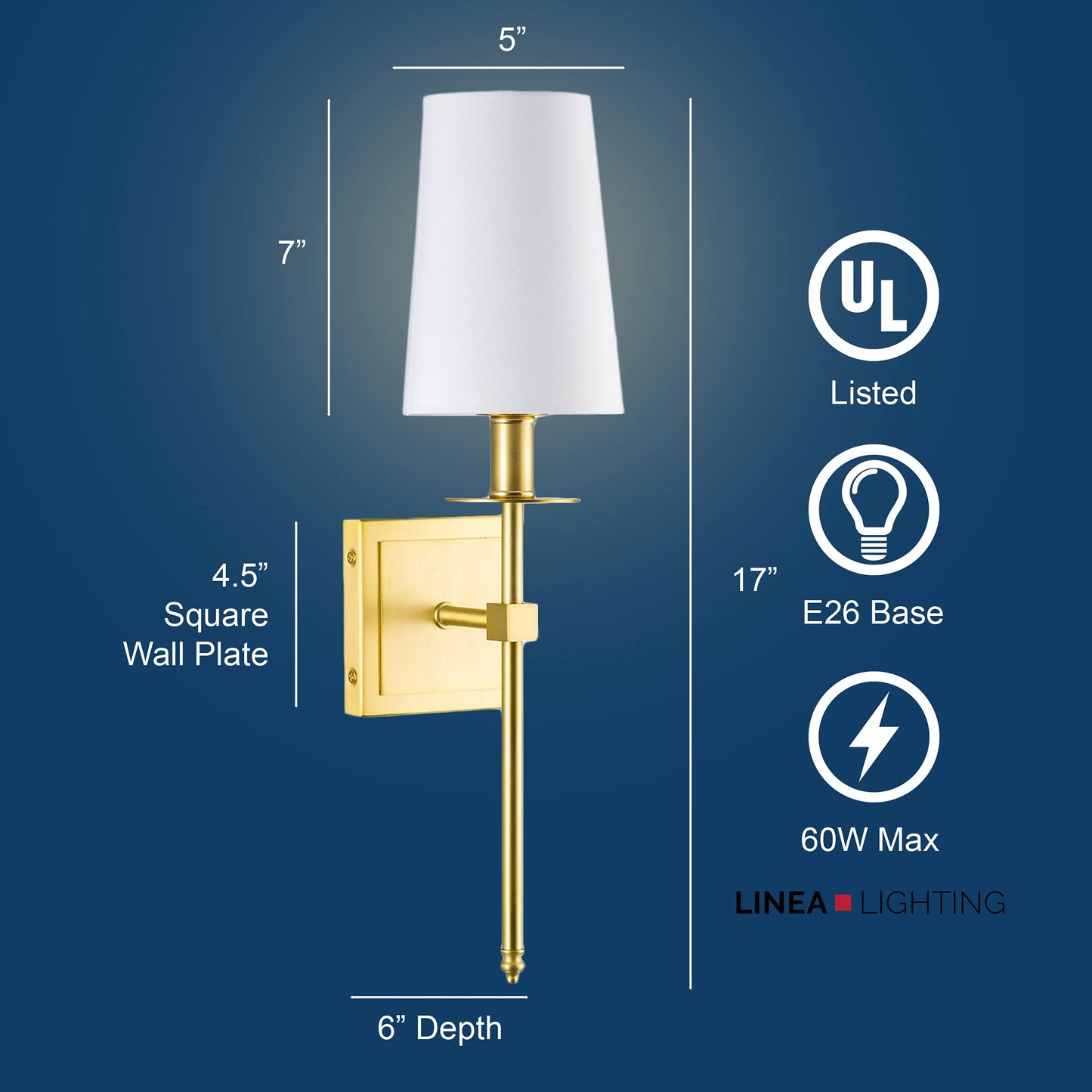 Linea di Liara Torcia Gold Wall Lighting with White Fabric Shade Modern Bathroom Bedroom Wall Lamp and Hallway Wall Light Fixtures Indoor Wall Sconce