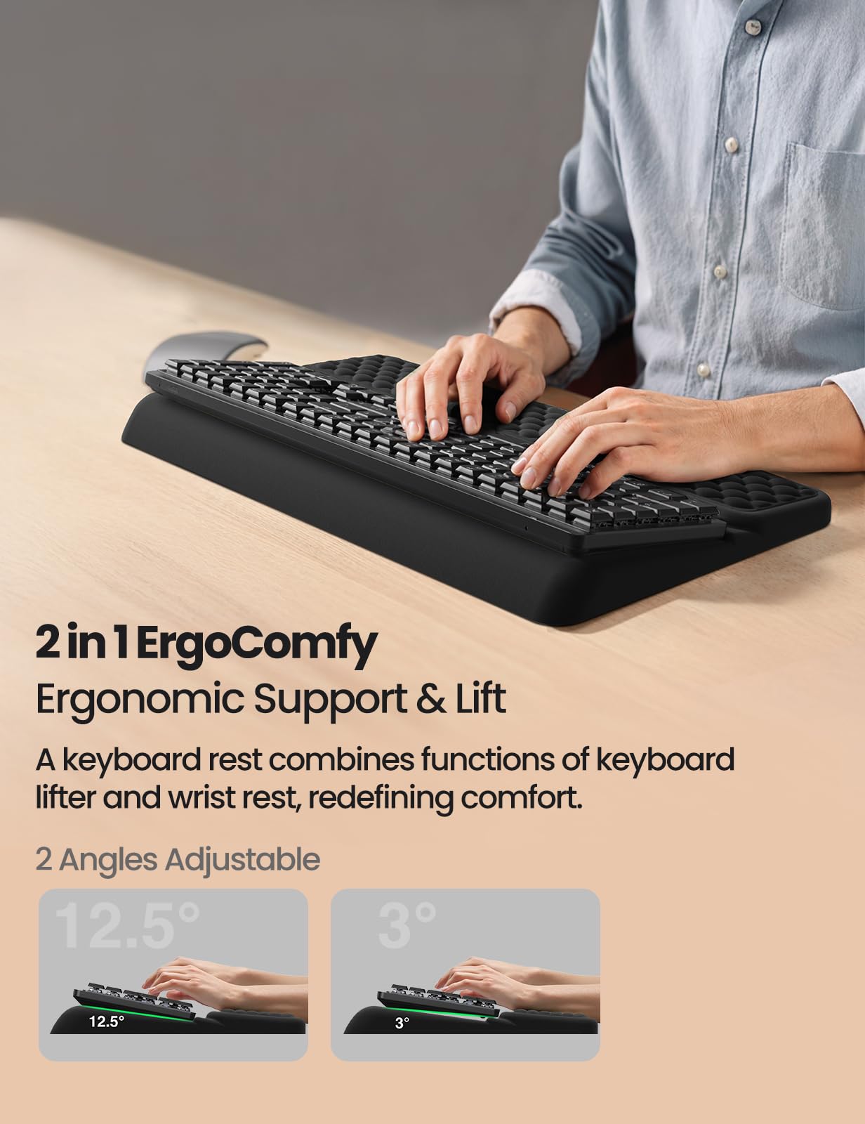 Vaydeer Wrist Rest with Keyboard Stand, Computer Wrist Support Pad, Ergonomic Keyboard Riser Holder Lifter Tray with Wrist Pad, Soft Memory Foam Desk