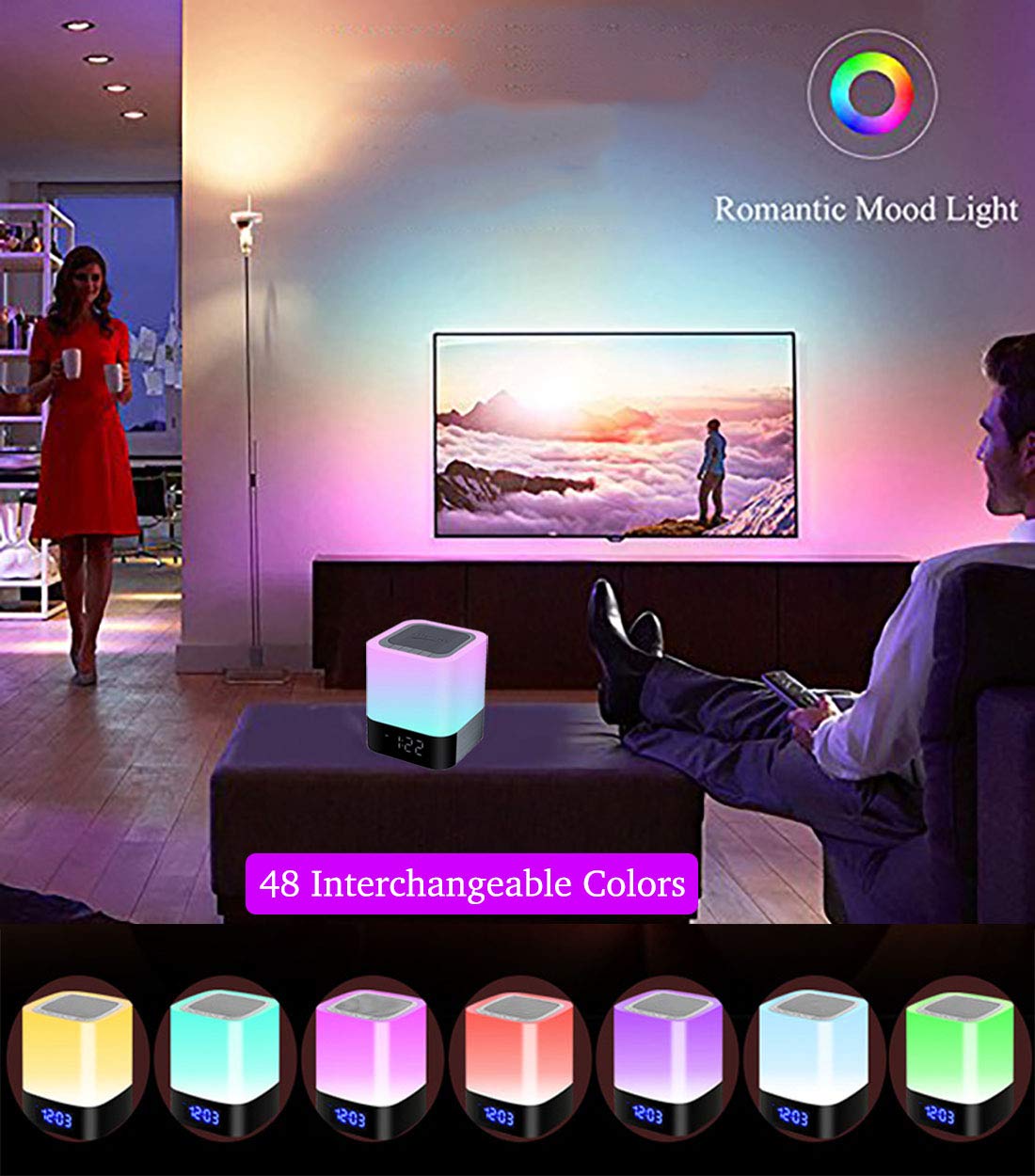 HoaBoly Night Lights Bluetooth Speaker, Alarm Clock Wireless Bluetooth Speakers,Touch Sensor Bedside Lamp,Color Changing Night Lights for Kids,MP3