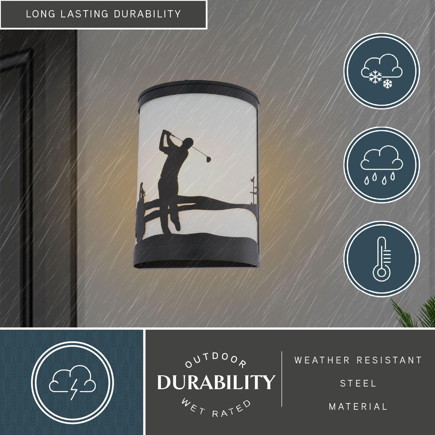 VAXCEL Links 1-Light 8 in. Wide Black Indoor-Outdoor Flush Mount Wall Sconce with Metal Golfer Cutout and Frosted White Glass Shade, Dimmable, LED