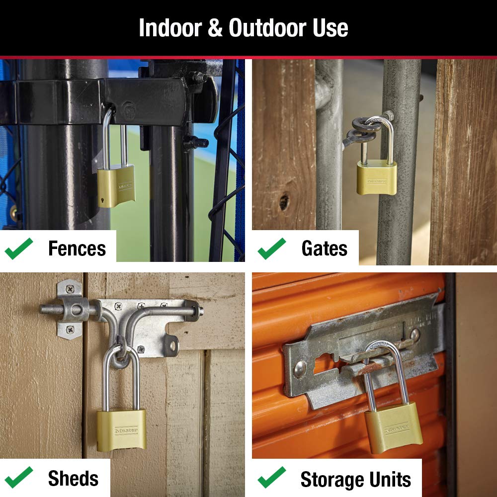Master Lock Brass Combination Lock, Gate Lock for Outdoor Fence or Shed, Customizable Combination Padlock with Extended 2-1/4-Inch-Long Shackle, 2