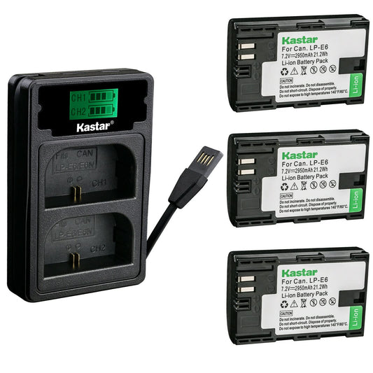 Kastar 3 Pack Battery and Charger with Miro USB/Type-C Input Compatible with Canon LP-E6 LP-E6N Blackmagic Pocket Cinema Camera 4K Marshall On-Camera