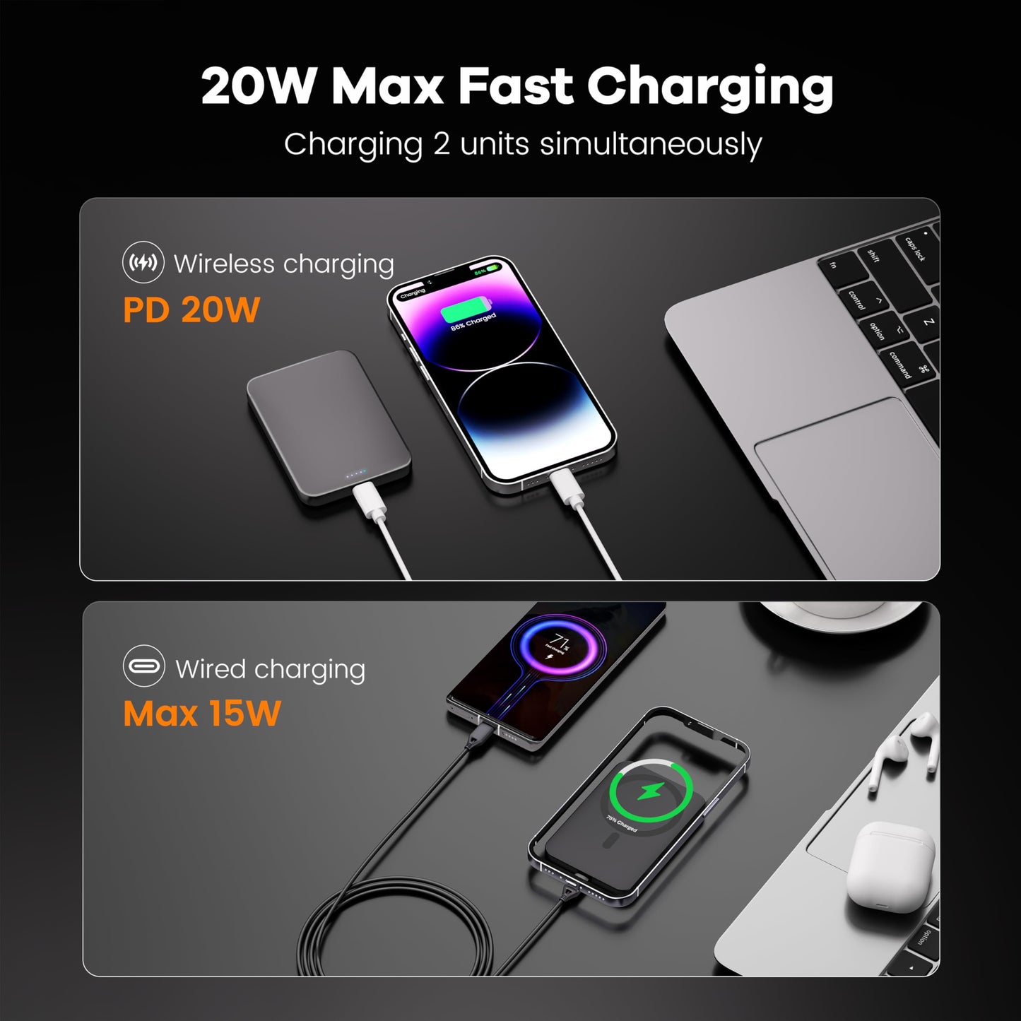 Catmart Power Bank, Ultra-Thin 10,000mAh Magnetic Wireless Portable Charger, 22.5W Fast Charging Battery Pack, Comes with USB-C Cable, Designed
