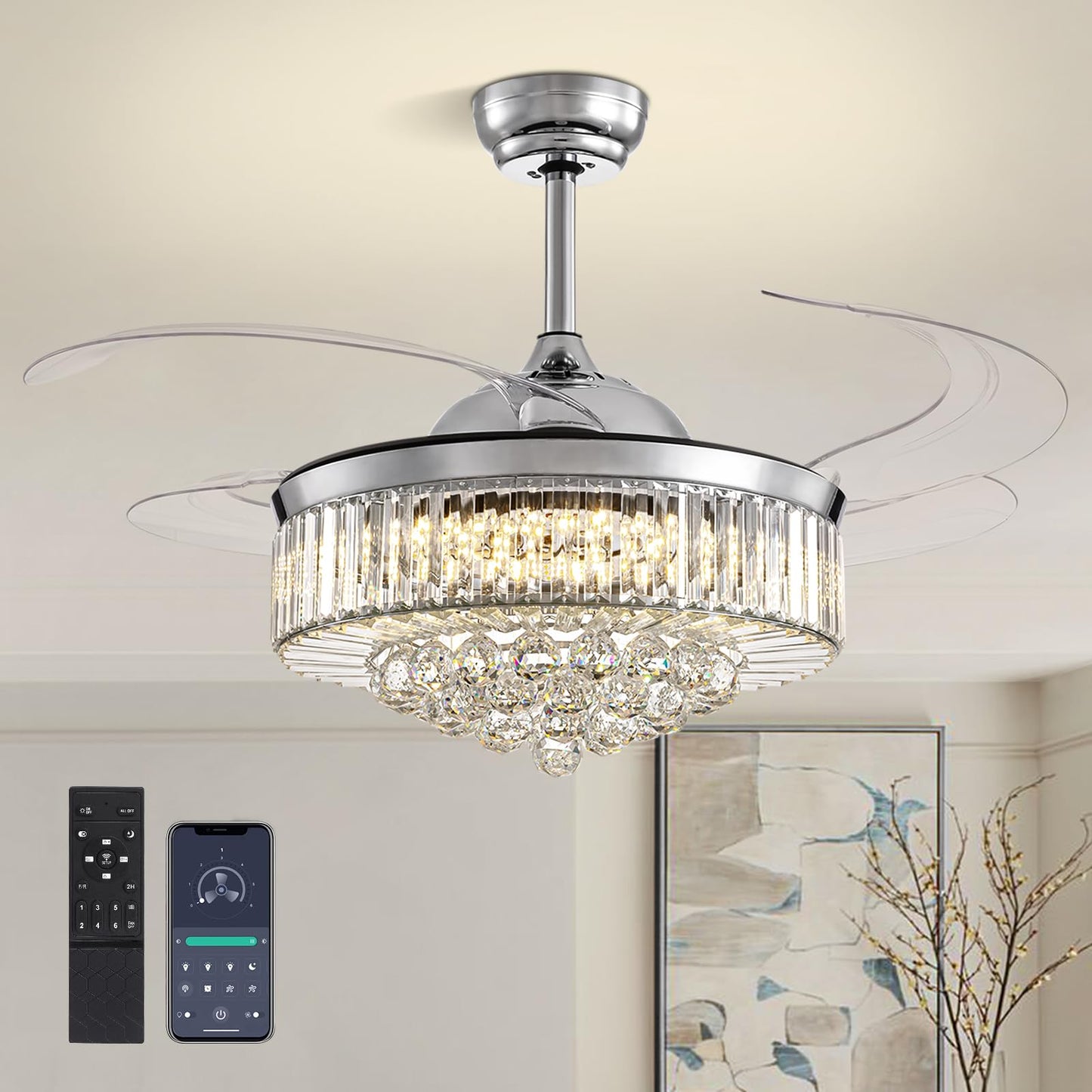 CROSSIO 48" Crystal Chandelier Ceiling Fan with Light Modern Ceiling Fan with Retractable Blades Crystal Fandelier with Remote Control Chrome
