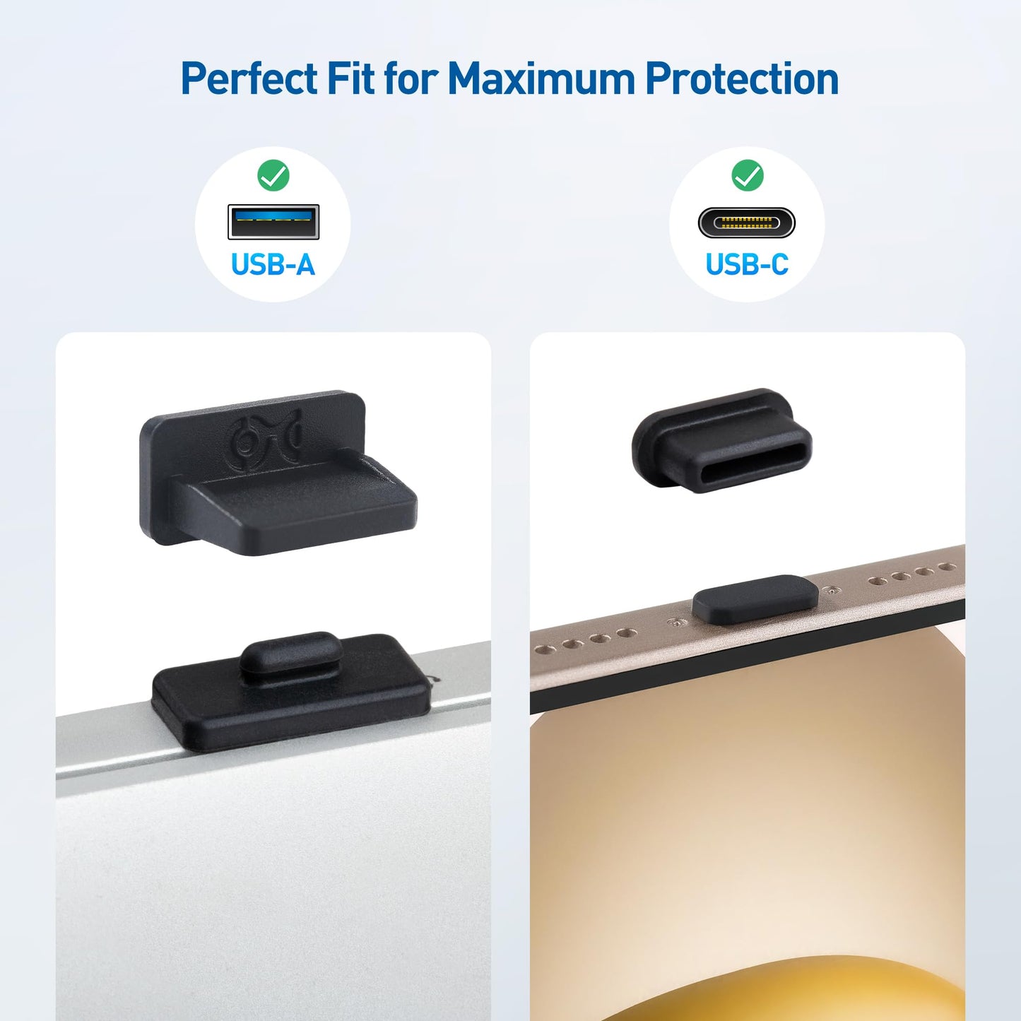 Cable Matters Combo-Pack USB-C and USB Port Covers - 10x USBC & 10x USBA Covers in Black (USBA Dust Cover, USBC Caps/Protector Plug)