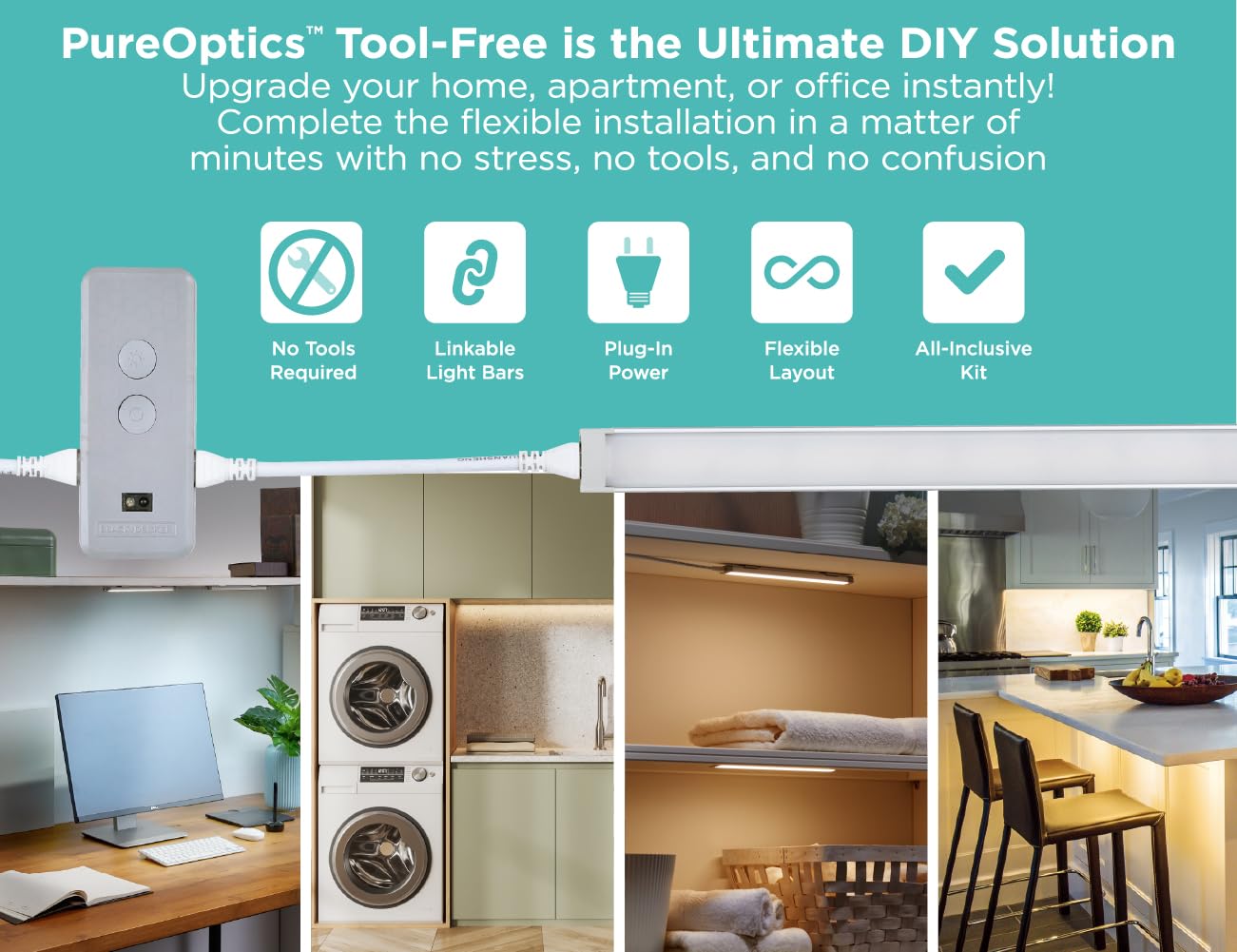 PureOptics LED Under Cabinet Lighting Kit, Motion Sensor, Dimmable, Linkable, 3 Color Settings, Tool-Free, for Kitchen, Pantry, Cabinets, Closets