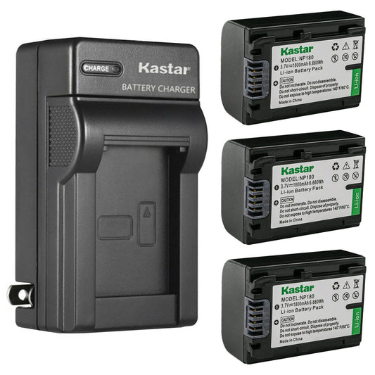 Kastar 3-Pack Battery and AC Wall Charger Replacement for Ordro NP-180 NP180 Battery, ORDRO HDR-AE8 UHD 1080P 60FPS DV Camera, Ordro AE8 Digital