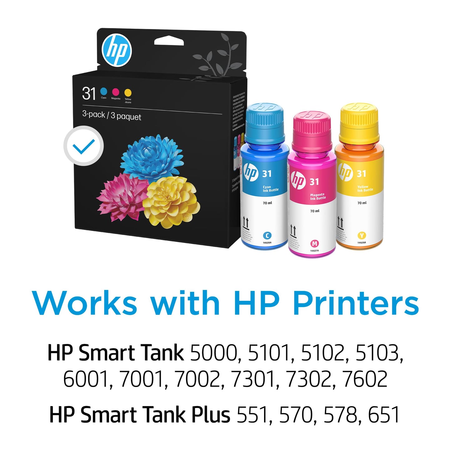 HP 31 Cyan, Magenta, Yellow Ink Bottles (3-Pack) | Works with Smart Tank 5000, 6000, 7000 and Smart Tank Plus 500, 600 Series | 9C228AN