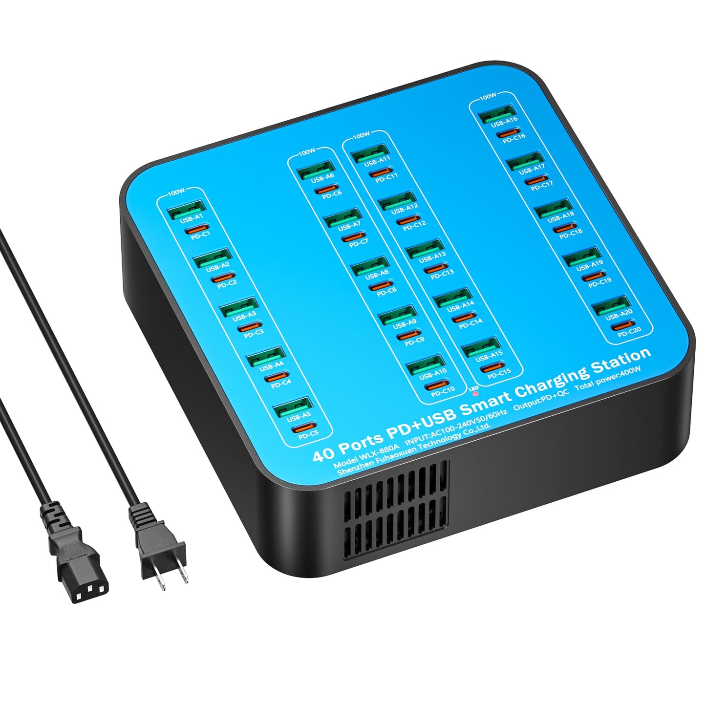 400W USB C Charger Station, 40 Ports (20 USBA+20 USBC) Desktop USB C Charger, Suitable for Multi-Device Fast Charging Station, Compatible with iPhone
