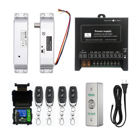 Electric Drop Bolt Lock with 4 Remote Controls Fail Secure Door Access Control Kit with Power Supply and Exit Button Easy DIY Install for Home/Office