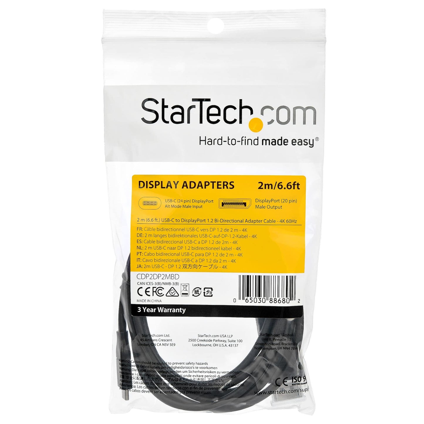 StarTech.com 6ft (2m) USB C to DisplayPort 1.2 Cable, 4K 60Hz, Bidirectional DP USB-C Video Adapter Cable for Windows, Apple M1 M2 M3 M4, USB4