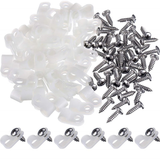 Hicarer 100 Pcs R-Type Cable Clips, 1/4" Wire Cable Clamp, Christmas Light Clips, with Screws for Wire Management, White