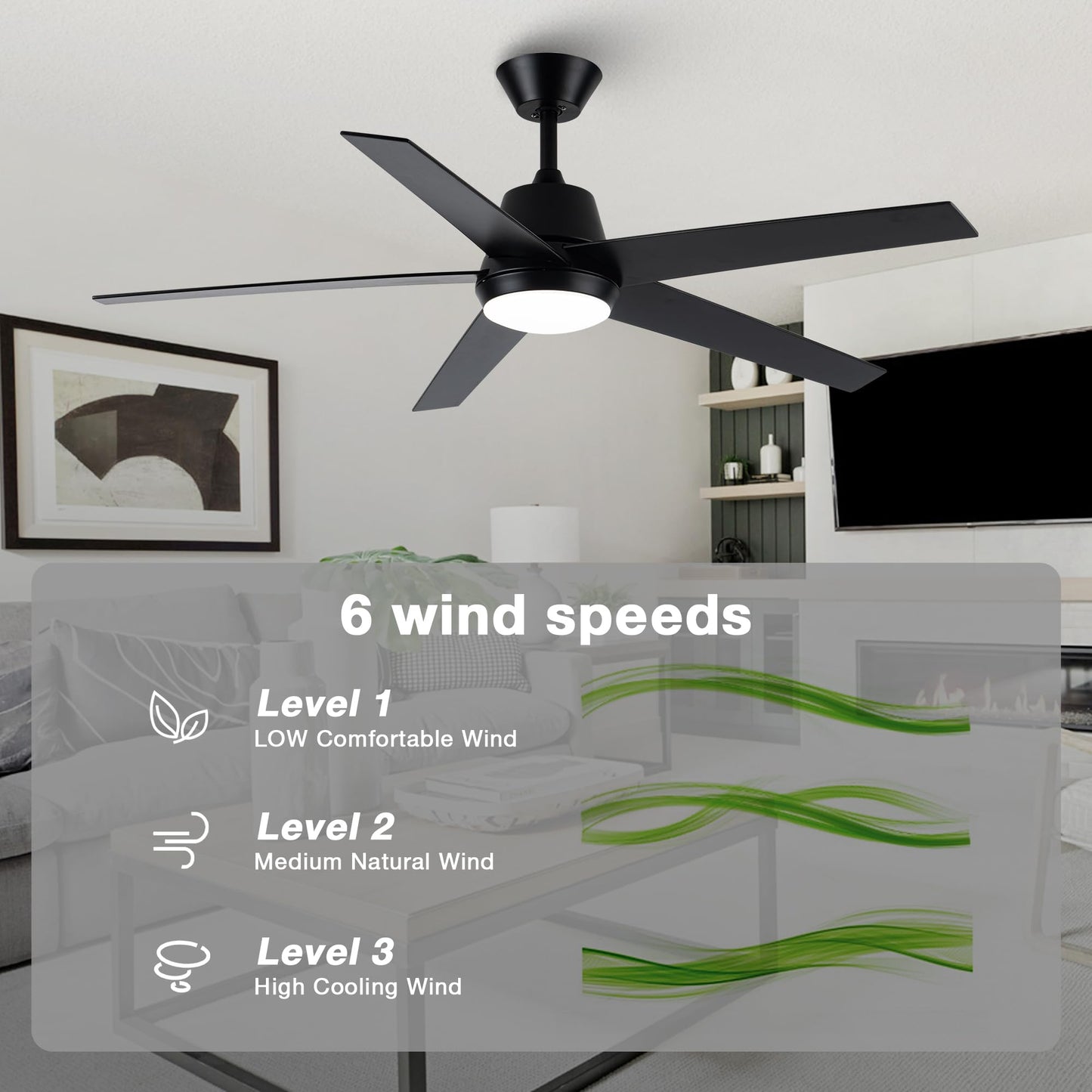 Vaczon 52" Black Ceiling Fan with Light, High Airflow DC Motor, Remote