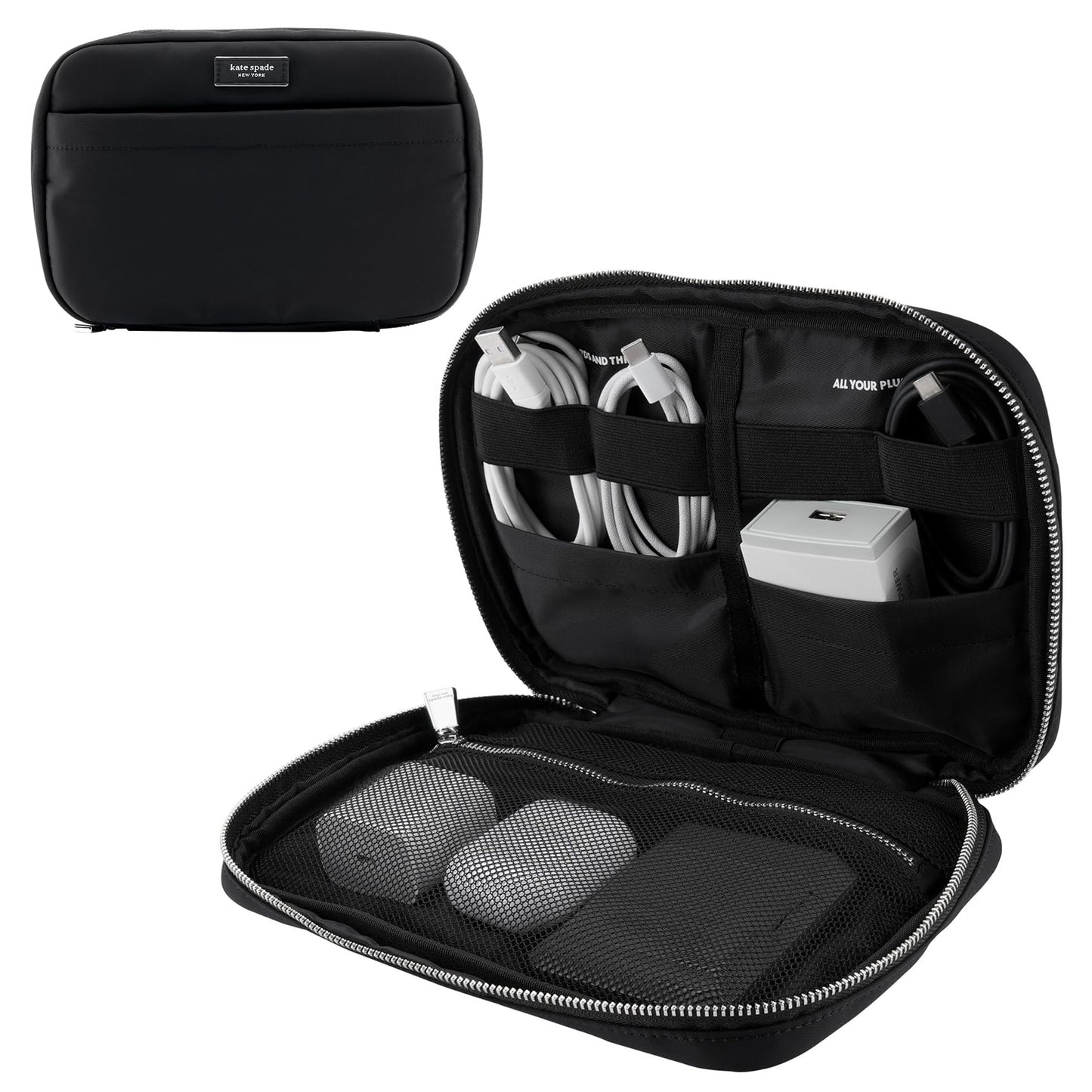 kate spade new york Nylon Tech Organizer Pouch - Electronics Cable Cord Organizer, Travel Case for Chargers, Power Bank, AirPods, and Accessories