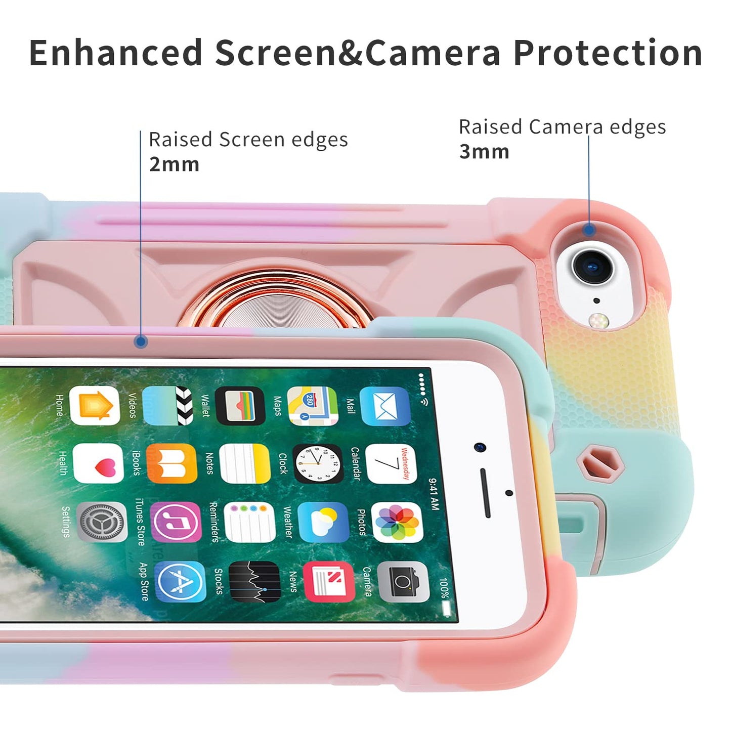 MARKILL Compatible with iPhone Case with Ring Stand, Heavy-Duty Military Grade Shockproof Phone Cover (Rainbow Pink, iPhone SE 3rd/2nd/iPhone