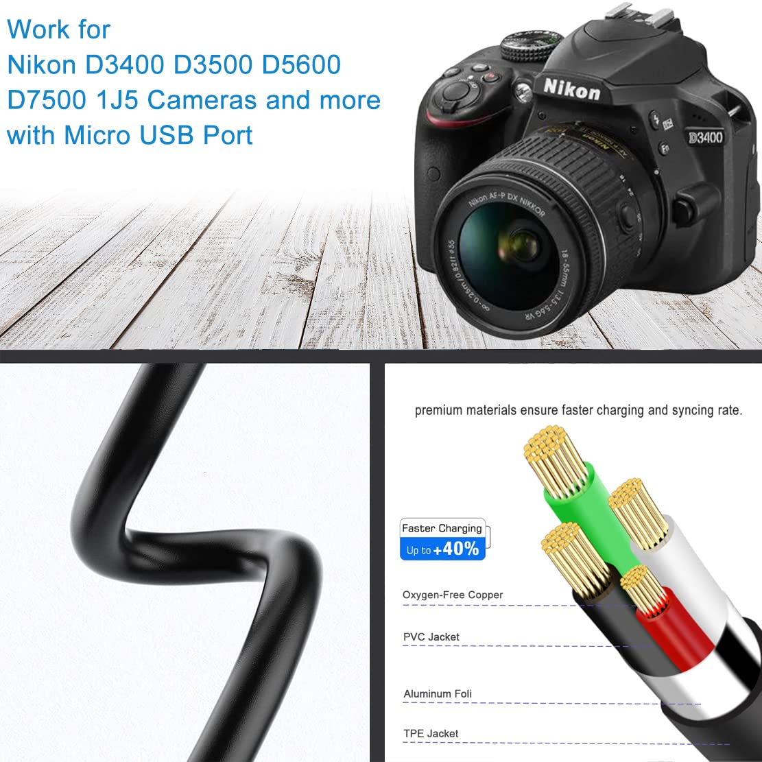 SCOVEE Replacement Camera USB Cable for Nikon Digital DSLR D3400 D3500 D5600 D7500 1J5,Nikon Camera Cord Accessories,UC-E20 Charging Cable Photo Data